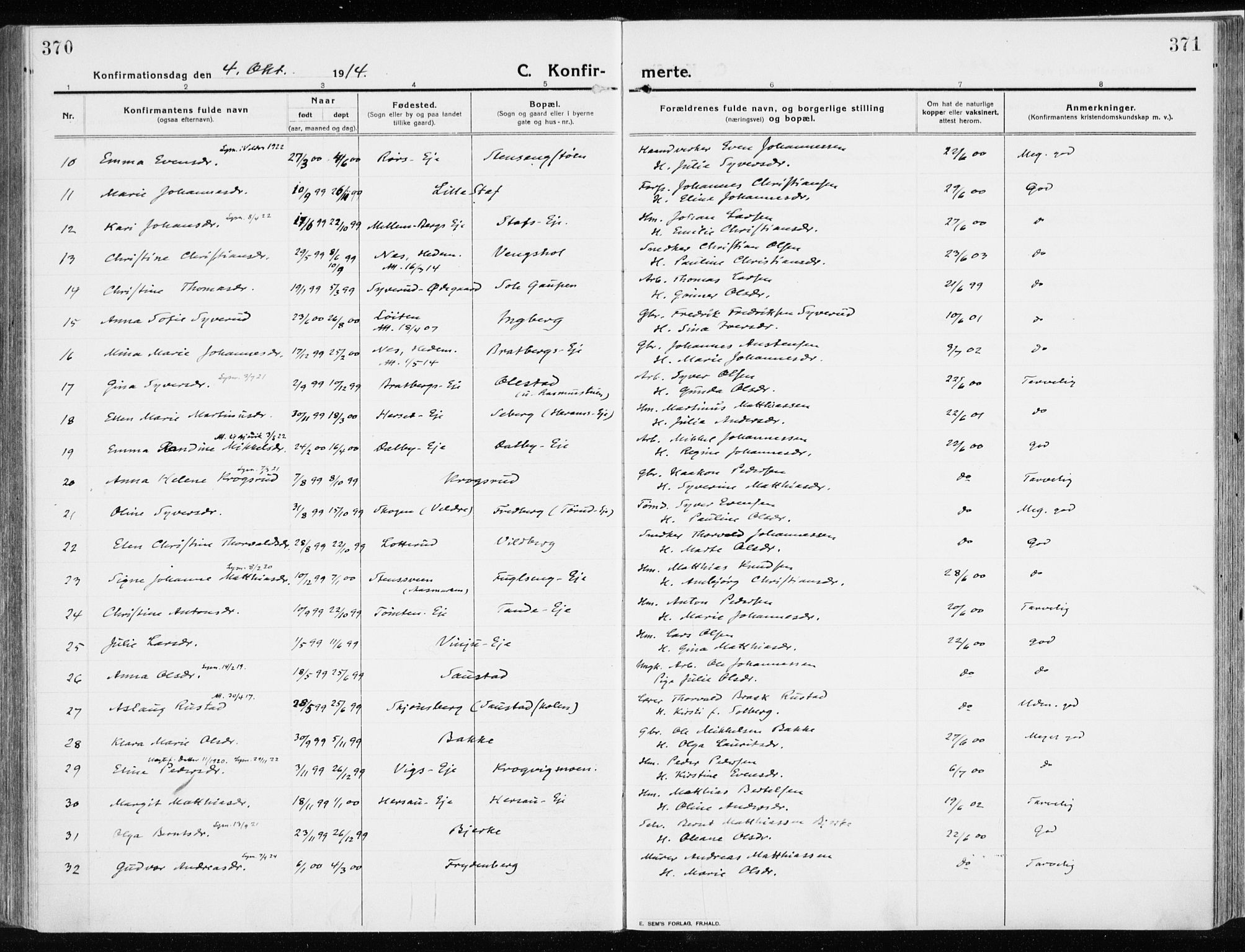 Ringsaker prestekontor, AV/SAH-PREST-014/K/Ka/L0020: Parish register (official) no. 20, 1913-1922, p. 370-371