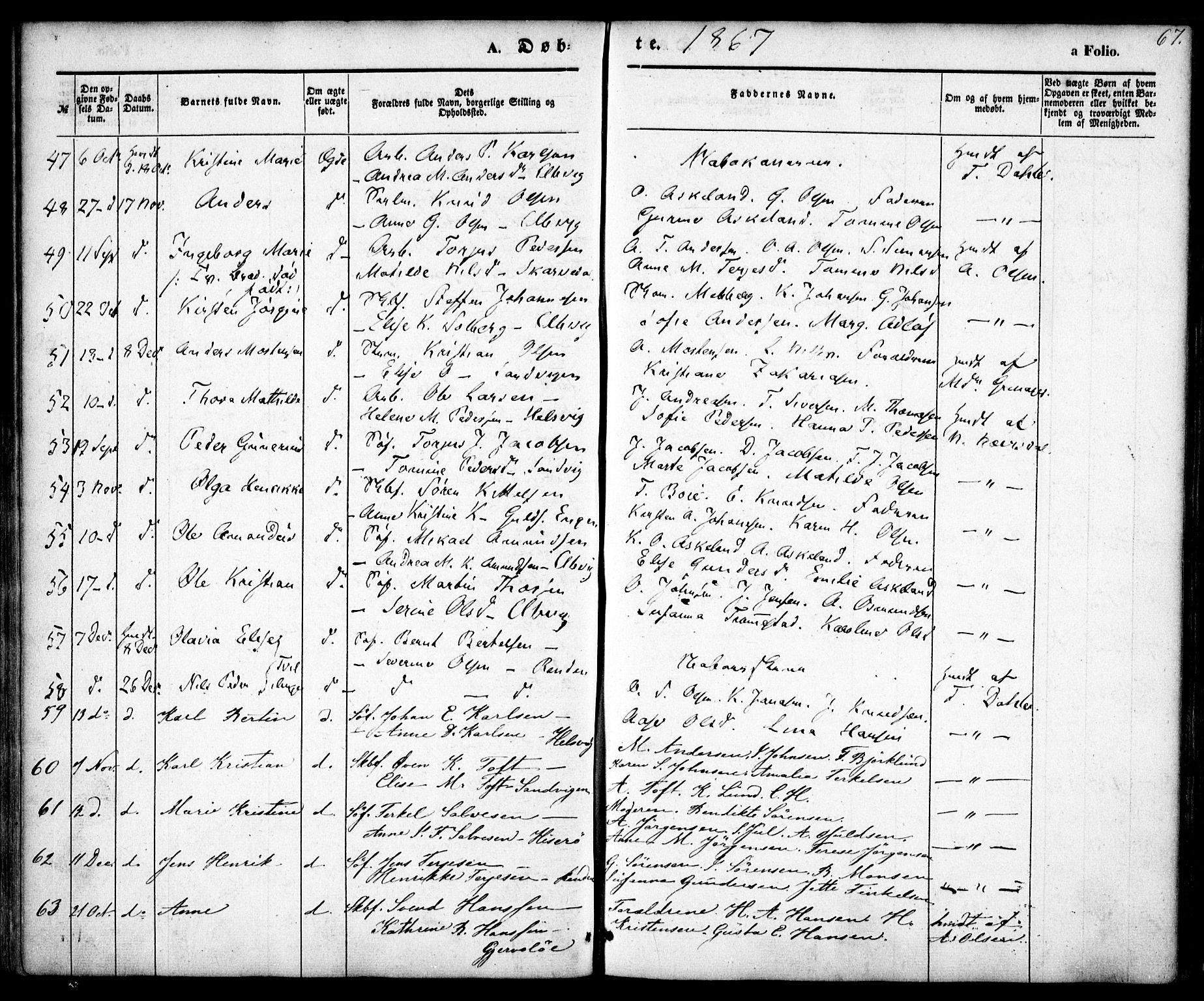Hisøy sokneprestkontor, SAK/1111-0020/F/Fa/L0001: Parish register (official) no. A 1, 1849-1871, p. 67