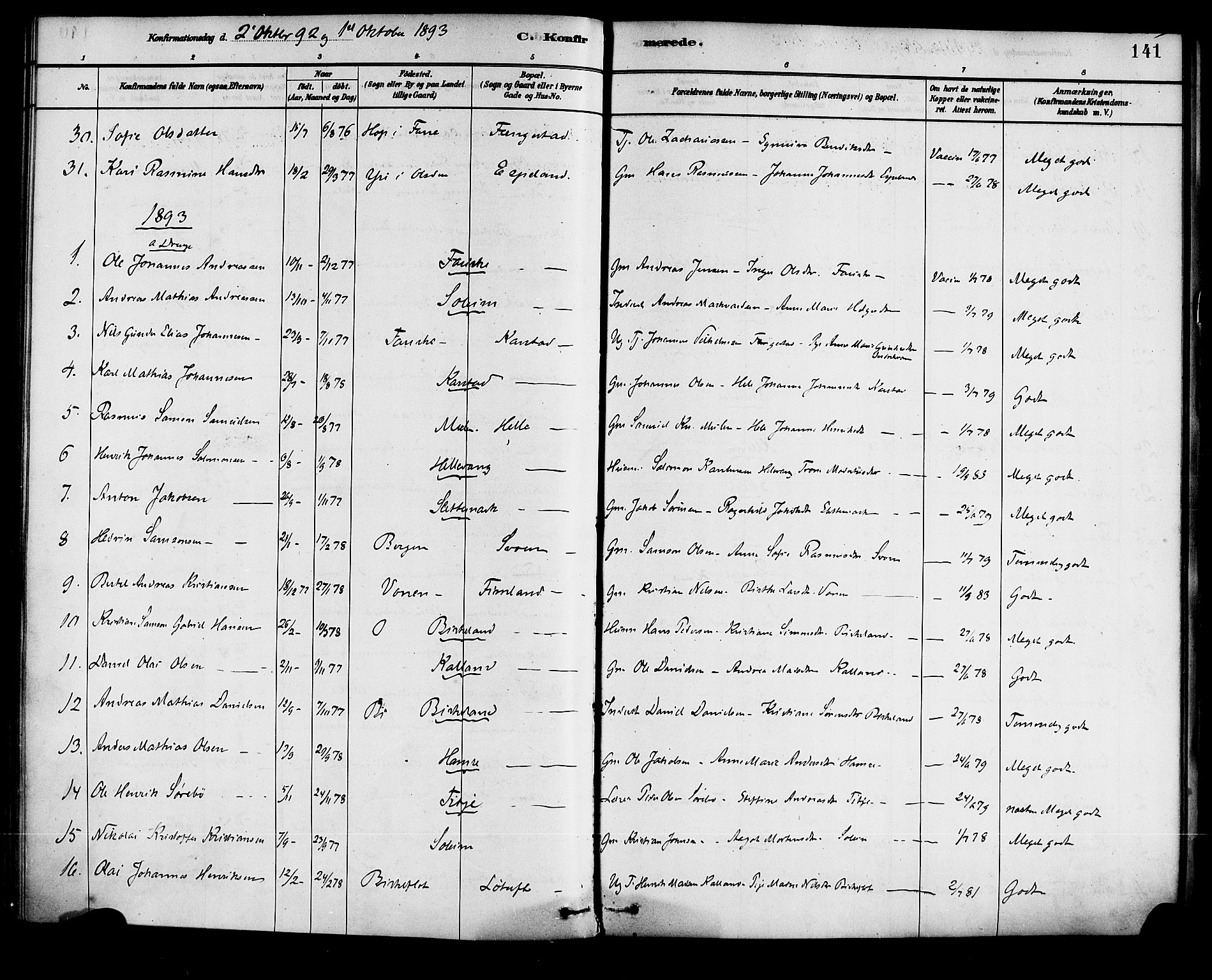 Førde sokneprestembete, AV/SAB-A-79901/H/Haa/Haad/L0001: Parish register (official) no. D 1, 1881-1898, p. 141
