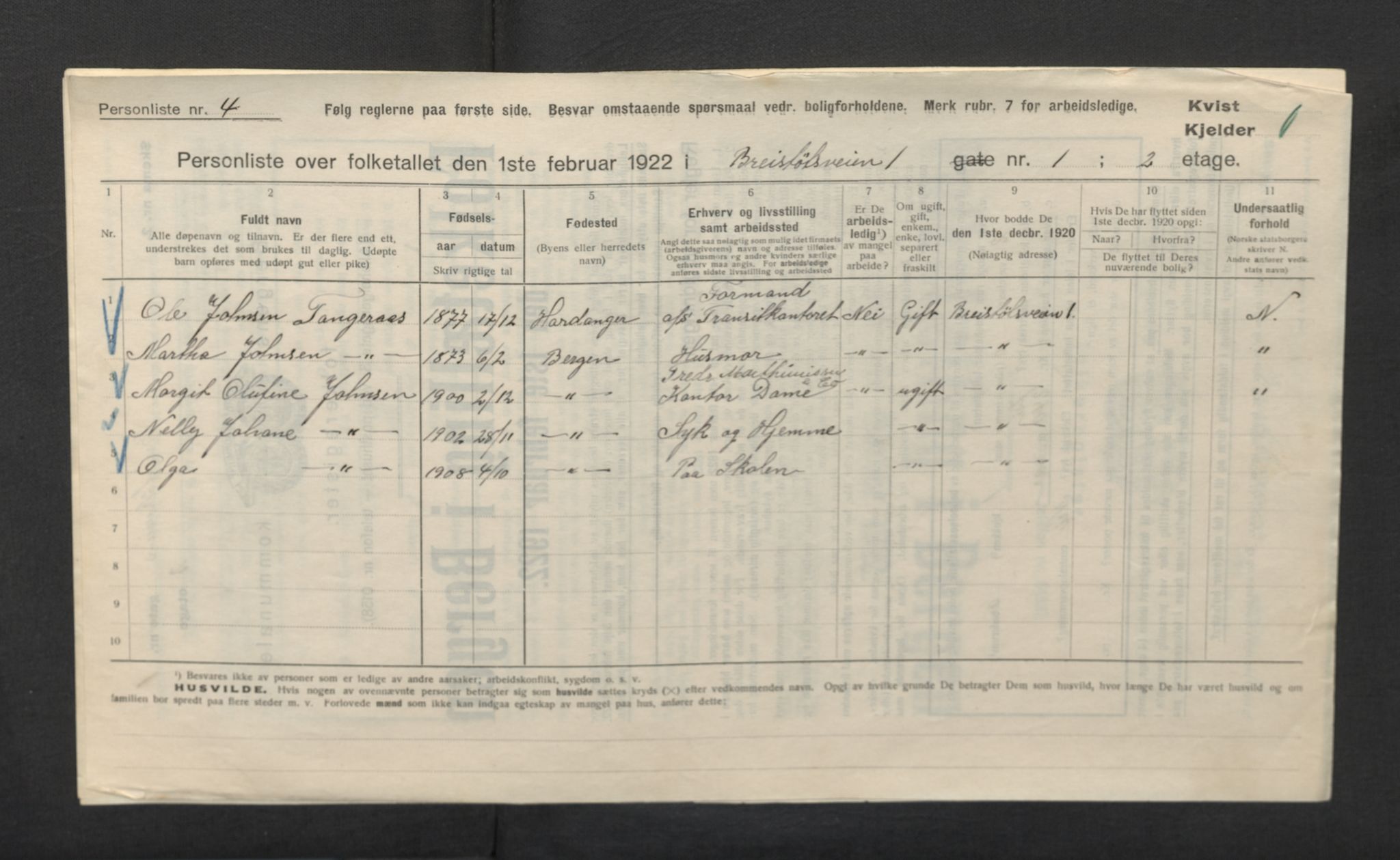 SAB, Municipal Census 1922 for Bergen, 1922, p. 4052