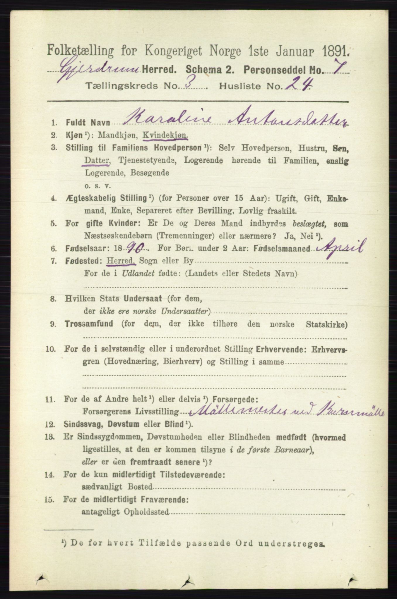 RA, 1891 census for 0234 Gjerdrum, 1891, p. 1394