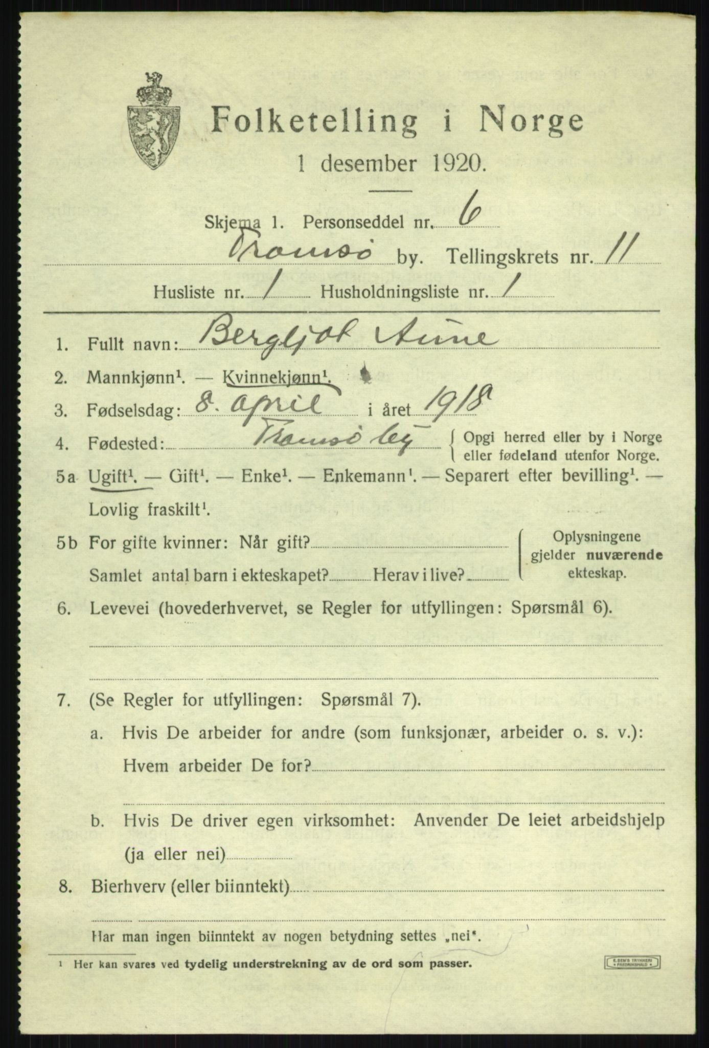 SATØ, 1920 census for Tromsø, 1920, p. 21851