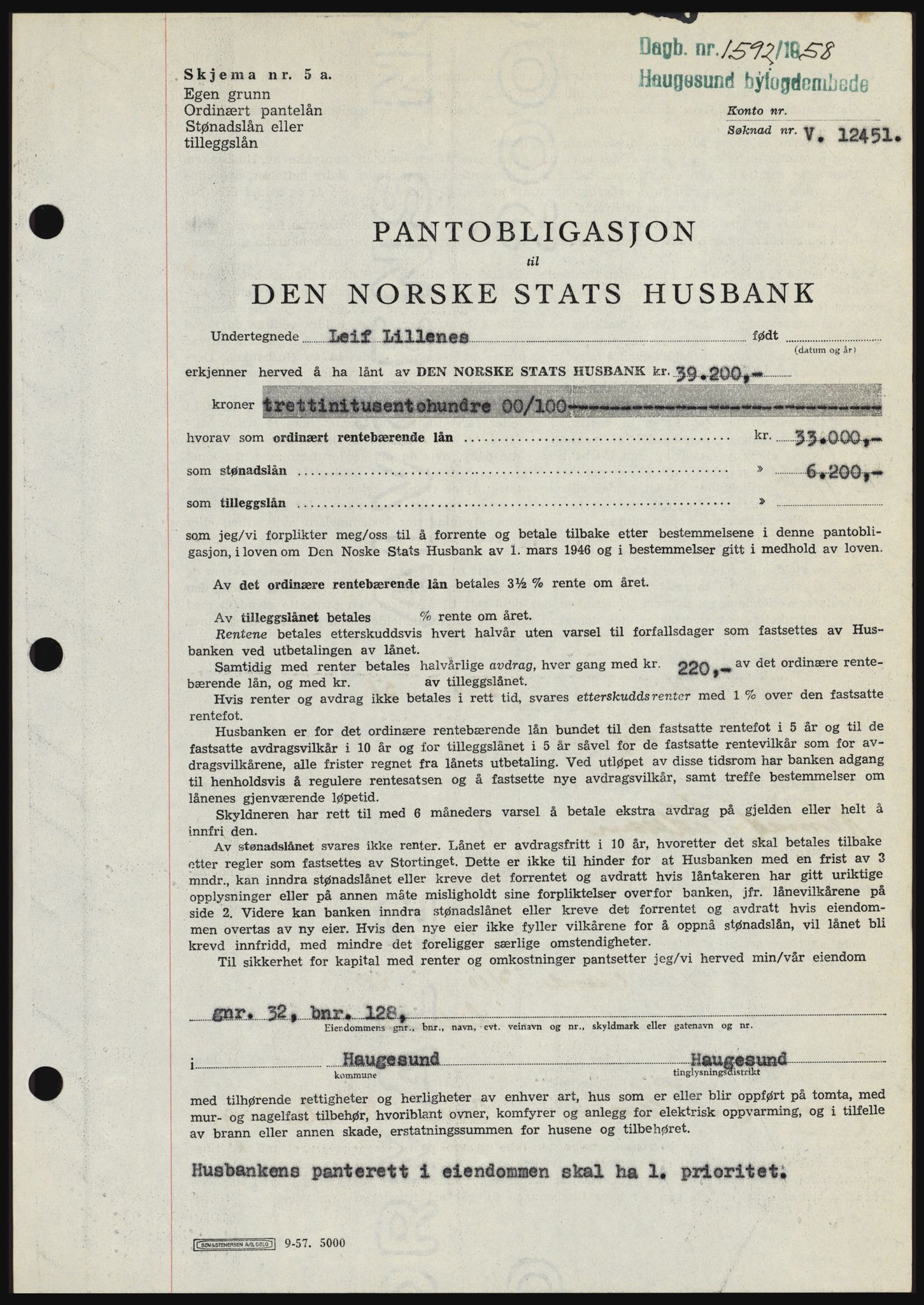Haugesund tingrett, SAST/A-101415/01/II/IIC/L0044: Mortgage book no. B 44, 1958-1959, Diary no: : 1592/1958