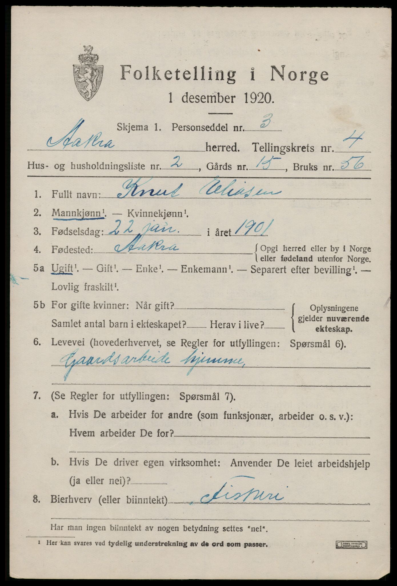 SAST, 1920 census for Åkra, 1920, p. 5892