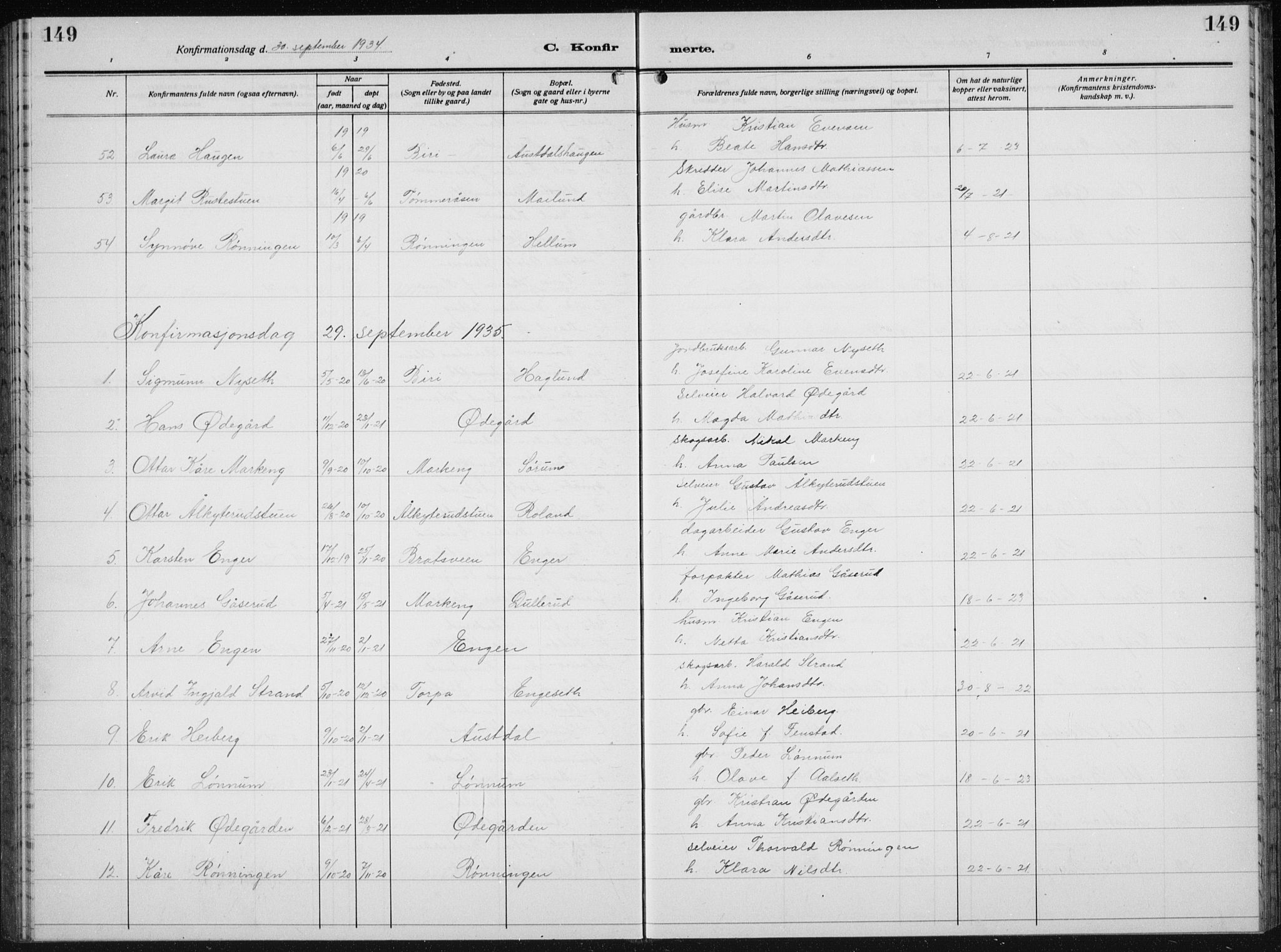 Biri prestekontor, SAH/PREST-096/H/Ha/Hab/L0007: Parish register (copy) no. 7, 1919-1941, p. 149