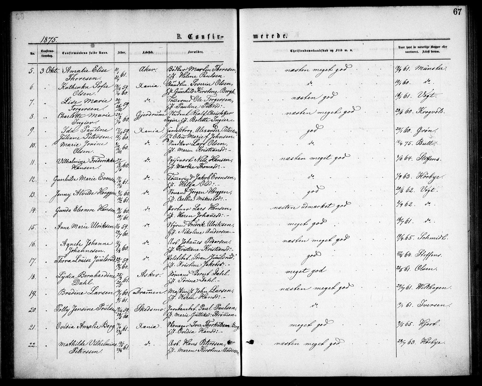 Oslo domkirke Kirkebøker, SAO/A-10752/F/Fa/L0018: Parish register (official) no. 18, 1872-1886, p. 67