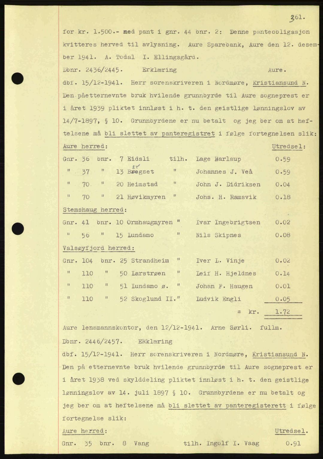 Nordmøre sorenskriveri, AV/SAT-A-4132/1/2/2Ca: Mortgage book no. C81, 1940-1945, Diary no: : 2436/1941