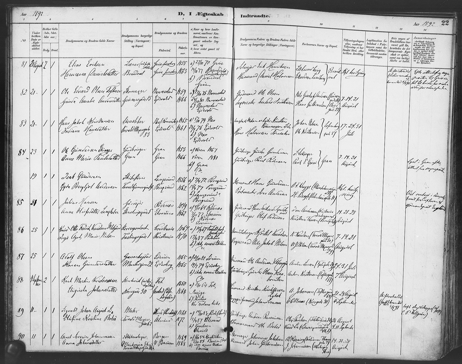 Paulus prestekontor Kirkebøker, SAO/A-10871/F/Fa/L0009: Parish register (official) no. 9, 1891-1901, p. 22