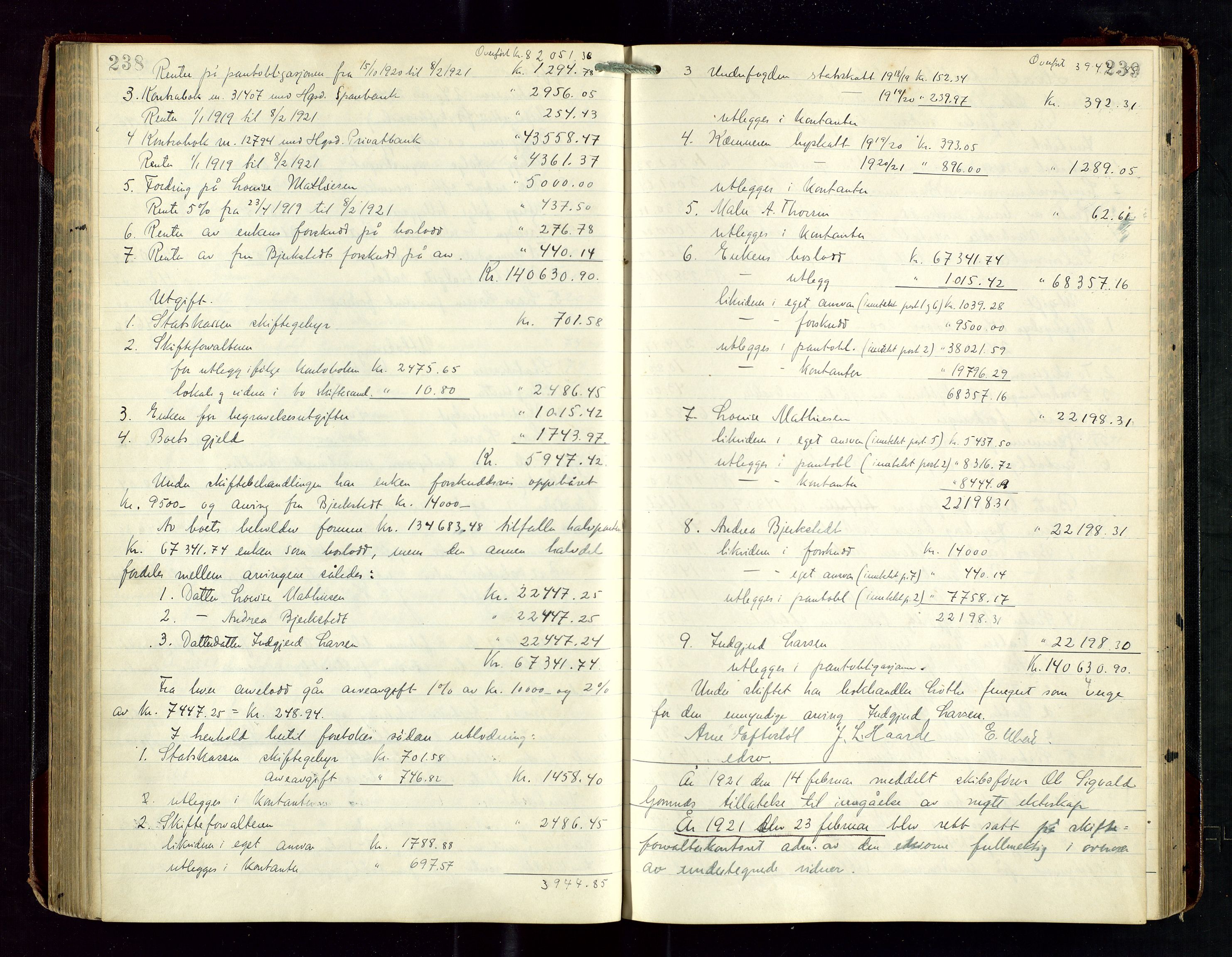 Haugesund tingrett, SAST/A-101415/01/IV/IVD/L0003: Skifteutlodningsprotokoll, med register, 1915-1924, p. 238-239