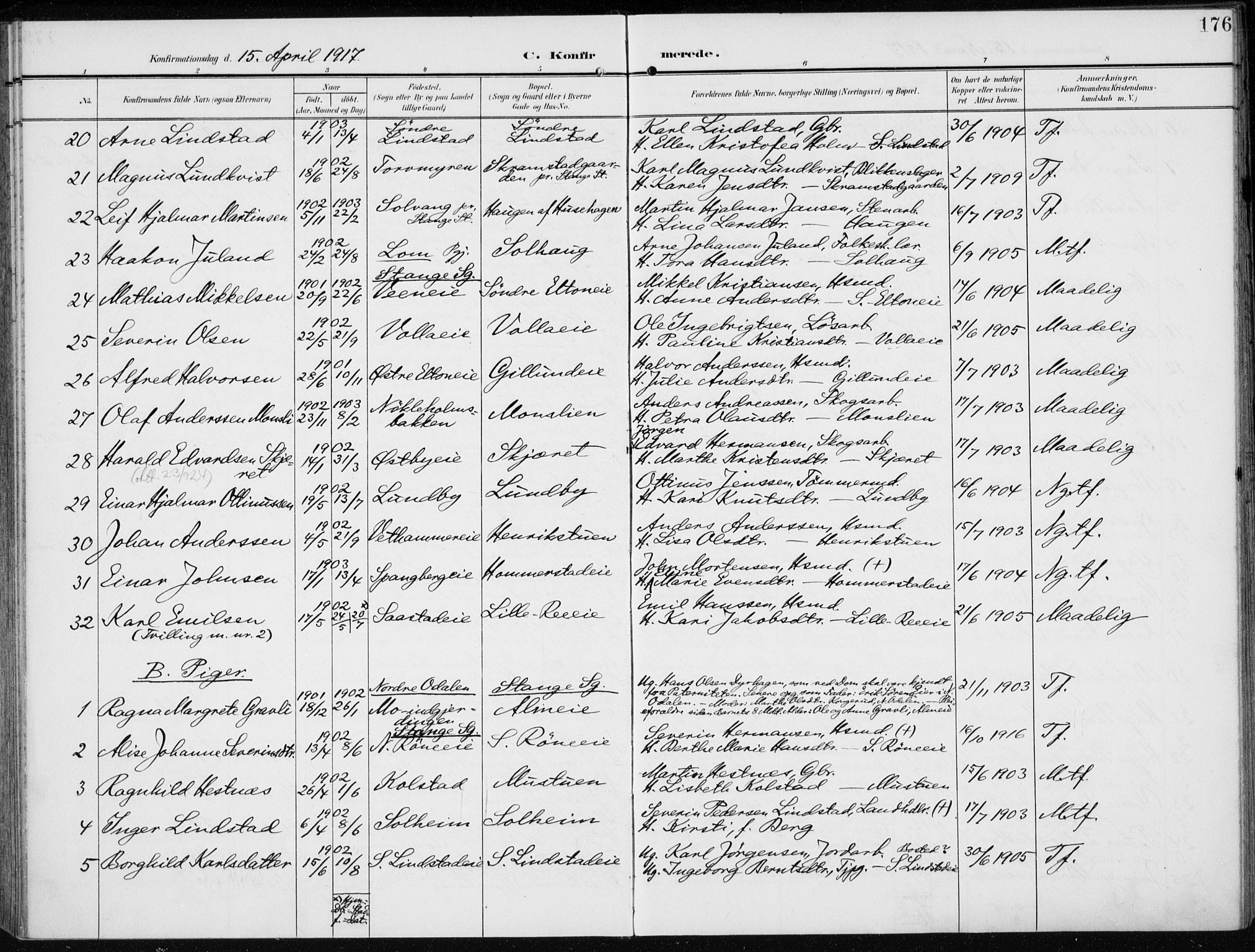 Stange prestekontor, AV/SAH-PREST-002/K/L0024: Parish register (official) no. 24, 1906-1922, p. 176