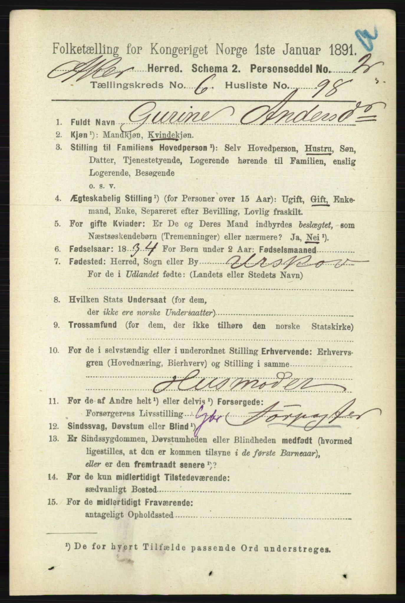 RA, 1891 census for 0218 Aker, 1891, p. 6129