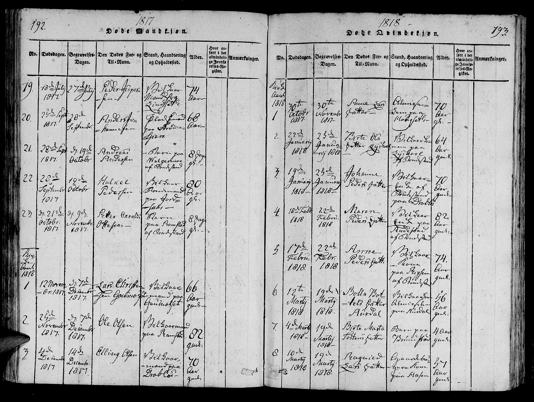 Ministerialprotokoller, klokkerbøker og fødselsregistre - Møre og Romsdal, SAT/A-1454/522/L0310: Parish register (official) no. 522A05, 1816-1832, p. 192-193