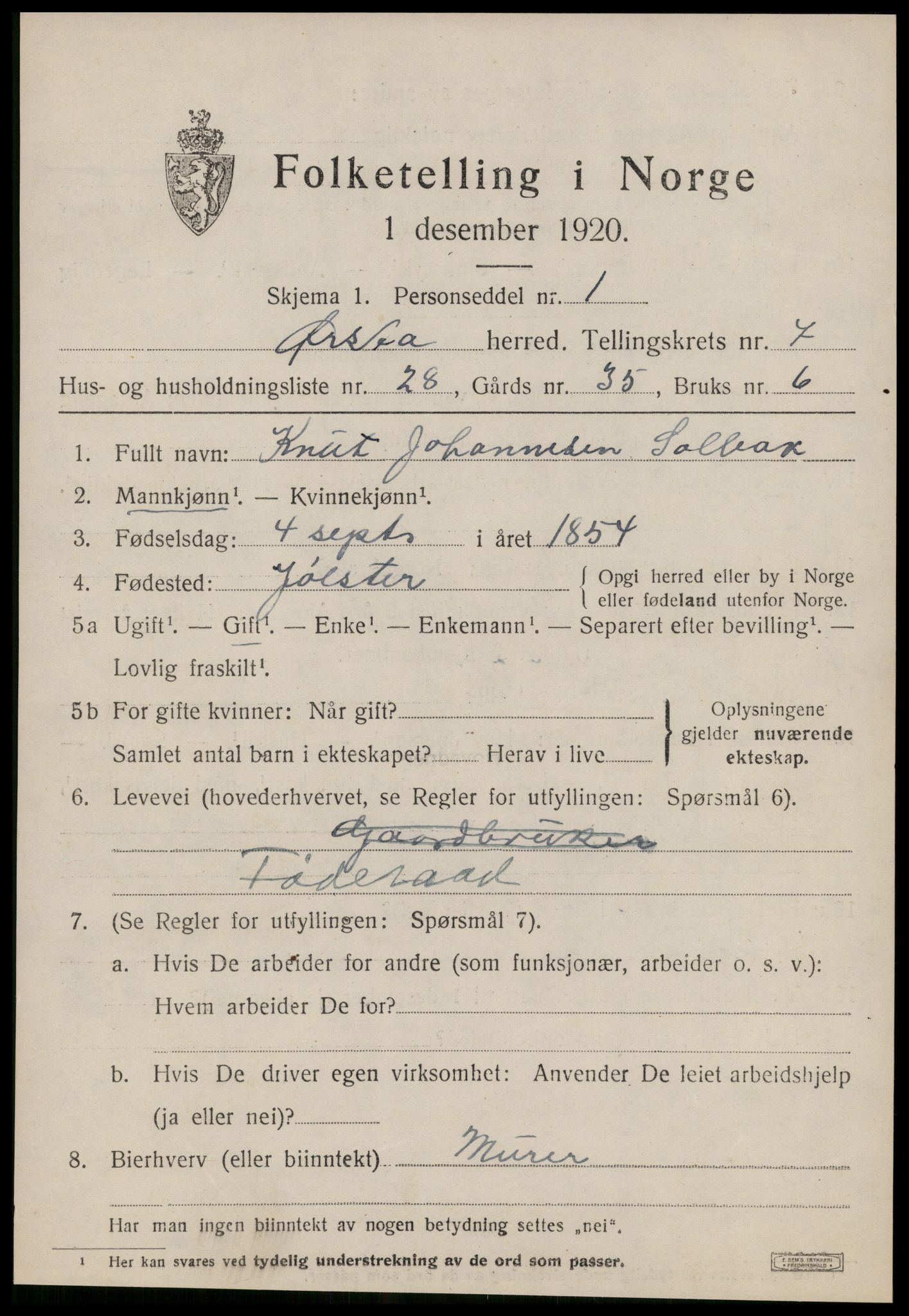 SAT, 1920 census for Ørsta, 1920, p. 5736