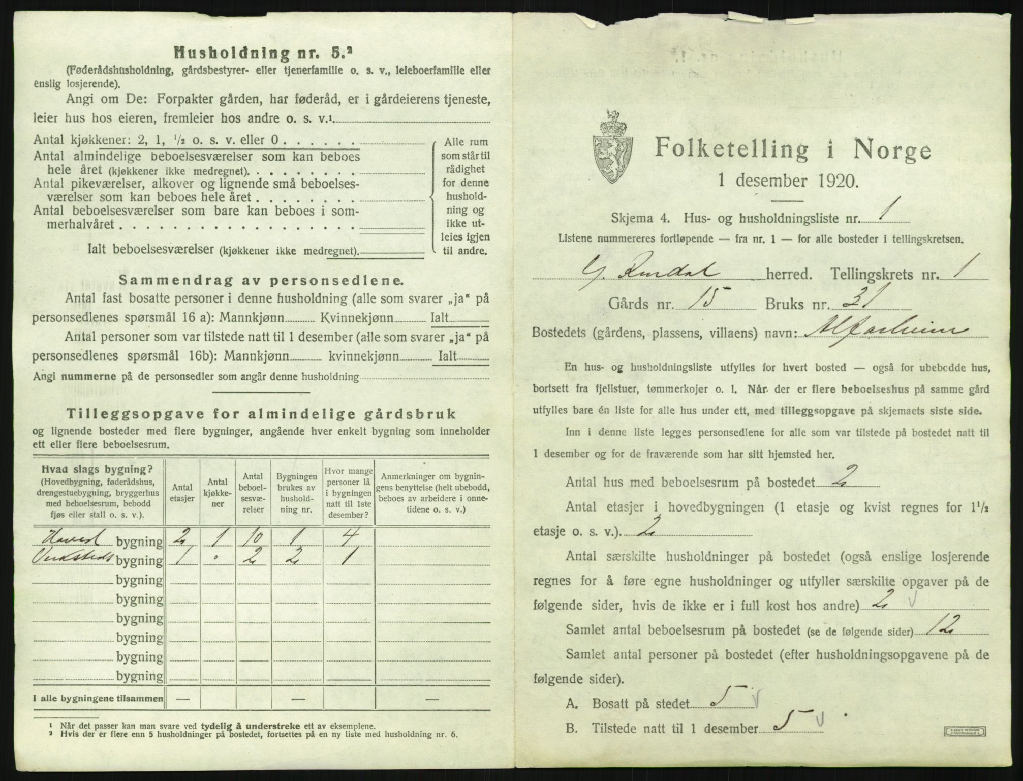 SAH, 1920 census for Ytre Rendal, 1920, p. 41