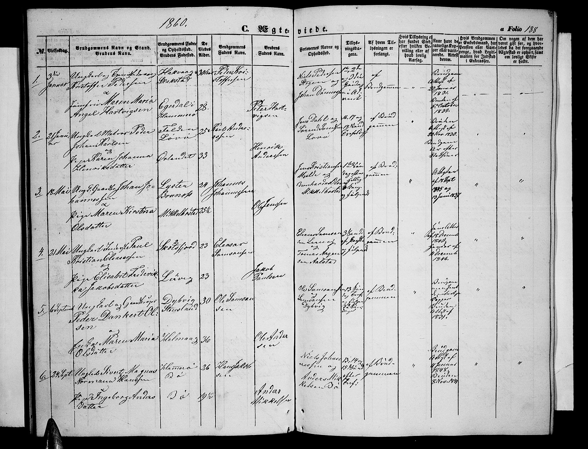 Ministerialprotokoller, klokkerbøker og fødselsregistre - Nordland, AV/SAT-A-1459/855/L0814: Parish register (copy) no. 855C03, 1851-1864, p. 188