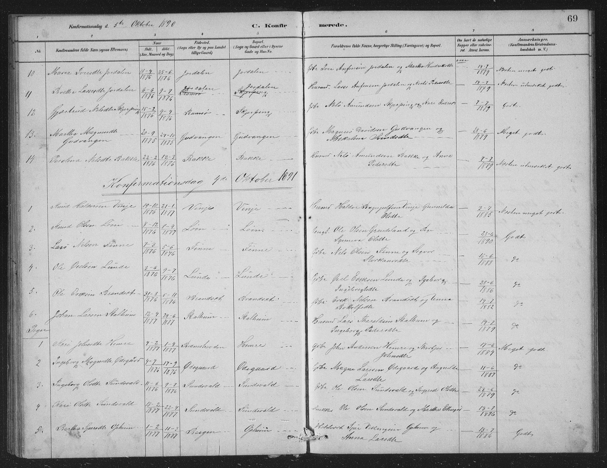Vossestrand Sokneprestembete, SAB/A-79101/H/Hab: Parish register (copy) no. A 2, 1880-1902, p. 69