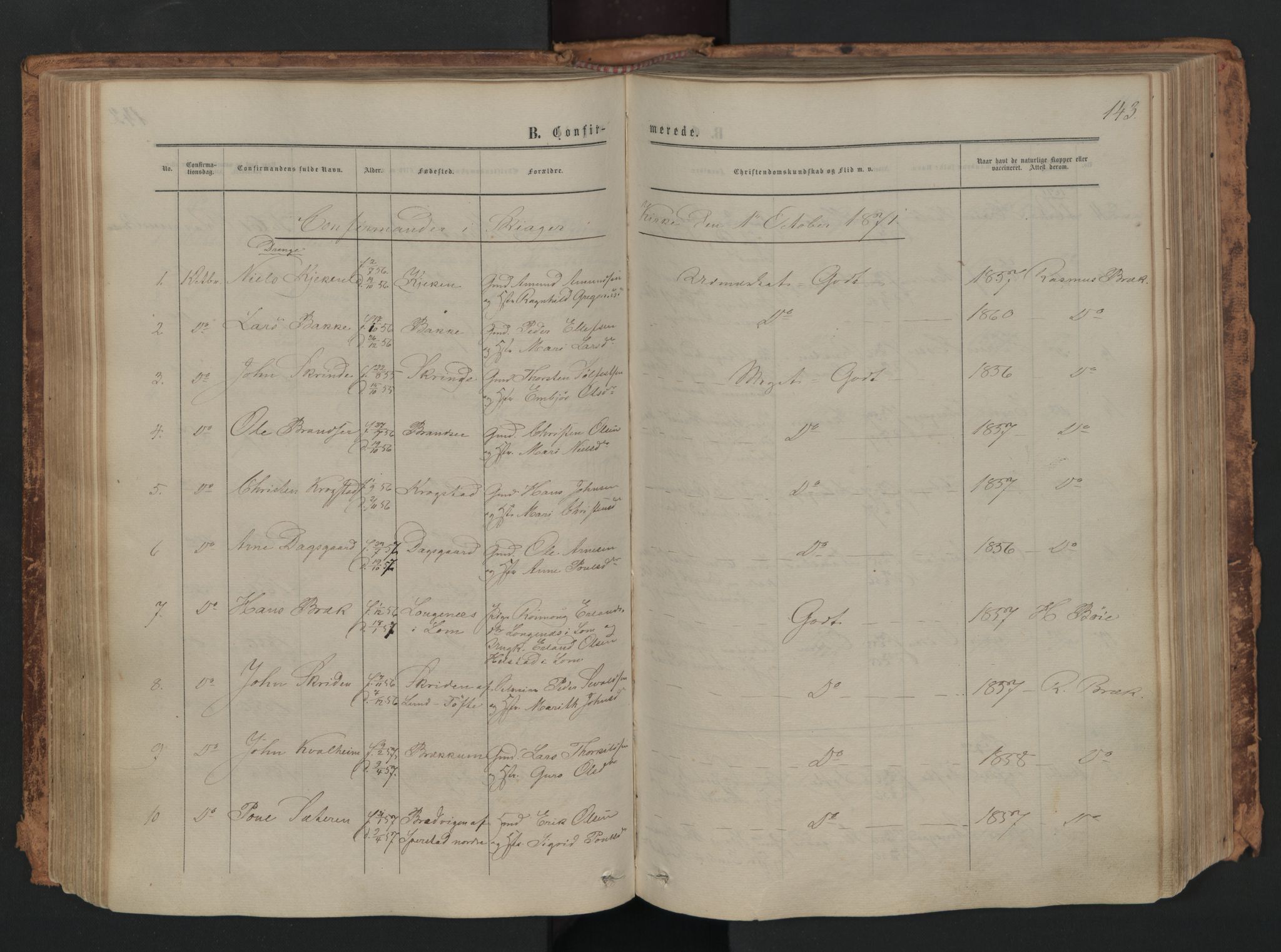 Skjåk prestekontor, SAH/PREST-072/H/Ha/Haa/L0001: Parish register (official) no. 1, 1863-1879, p. 143