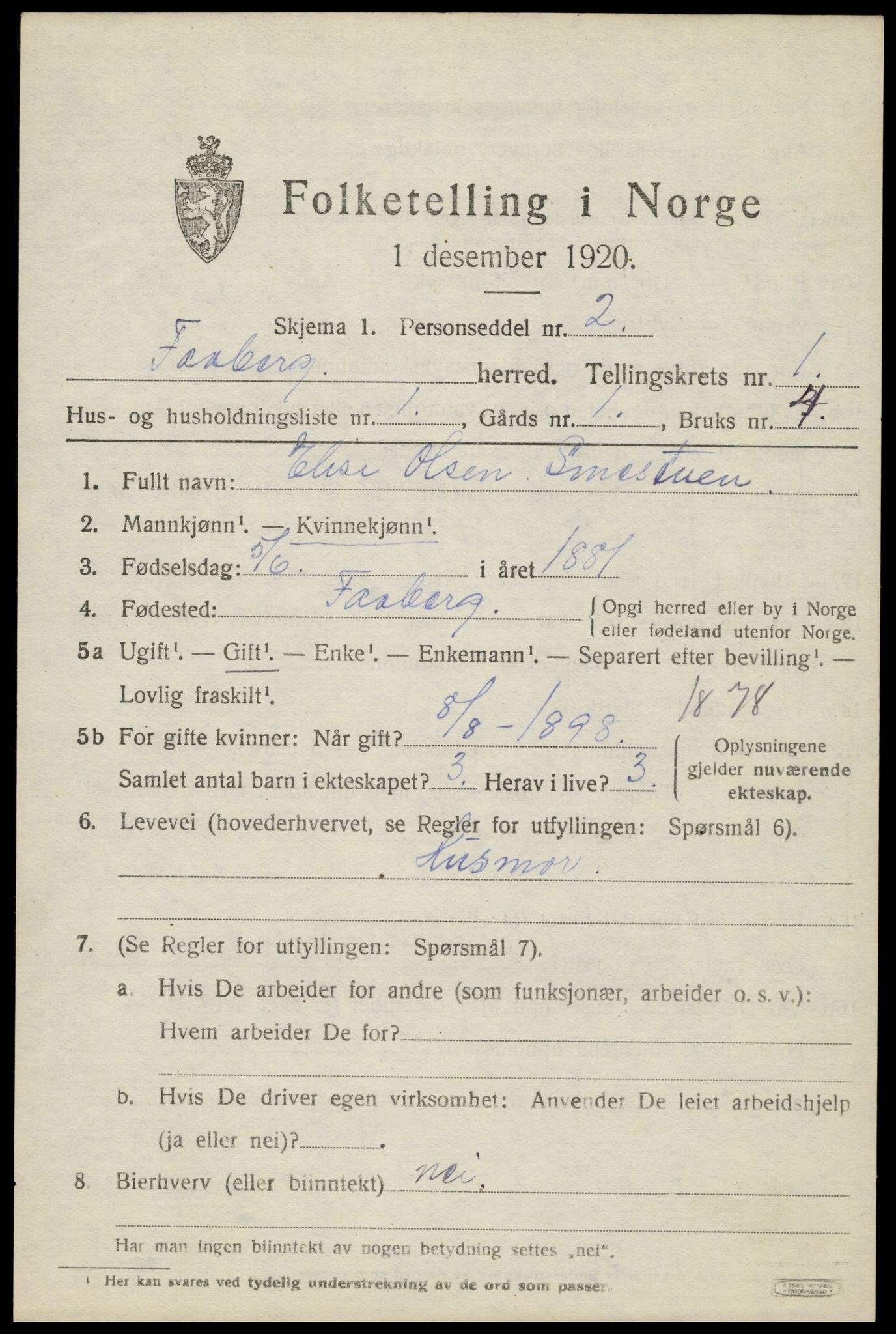 SAH, 1920 census for Fåberg, 1920, p. 2238