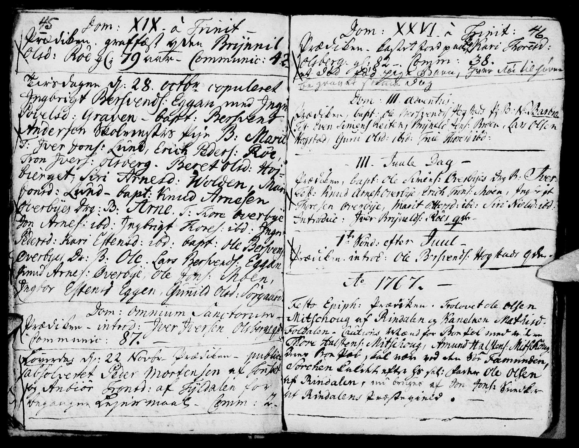 Tynset prestekontor, SAH/PREST-058/H/Ha/Haa/L0005: Parish register (official) no. 5, 1761-1776, p. 45-46