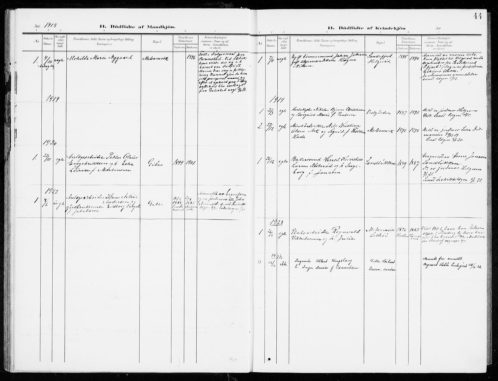 Stokke kirkebøker, SAKO/A-320/G/Ga/L0001: Parish register (copy) no. I 1, 1904-1940, p. 44