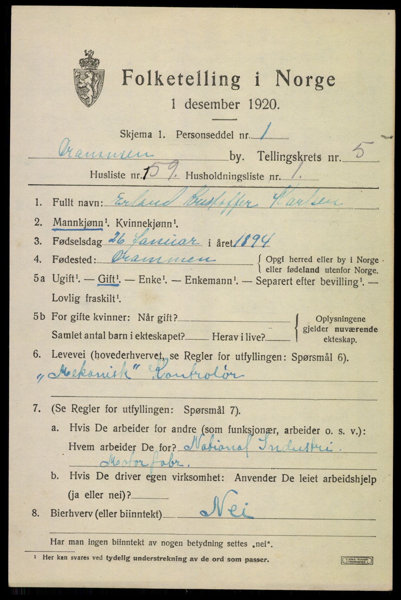 SAKO, 1920 census for Drammen, 1920, p. 37357