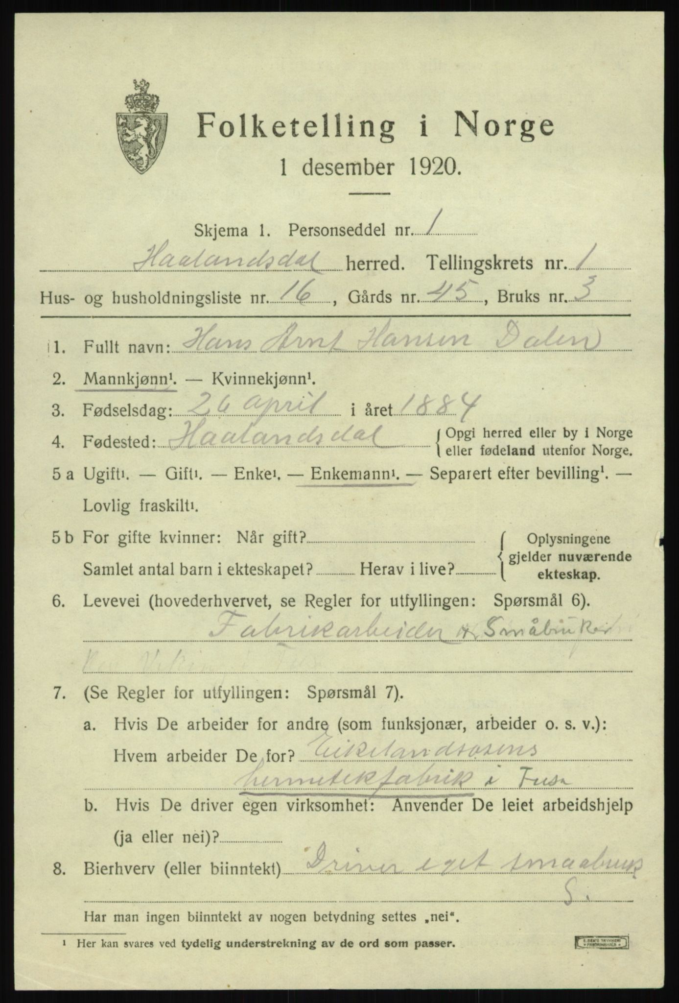 SAB, 1920 census for Hålandsdal, 1920, p. 468