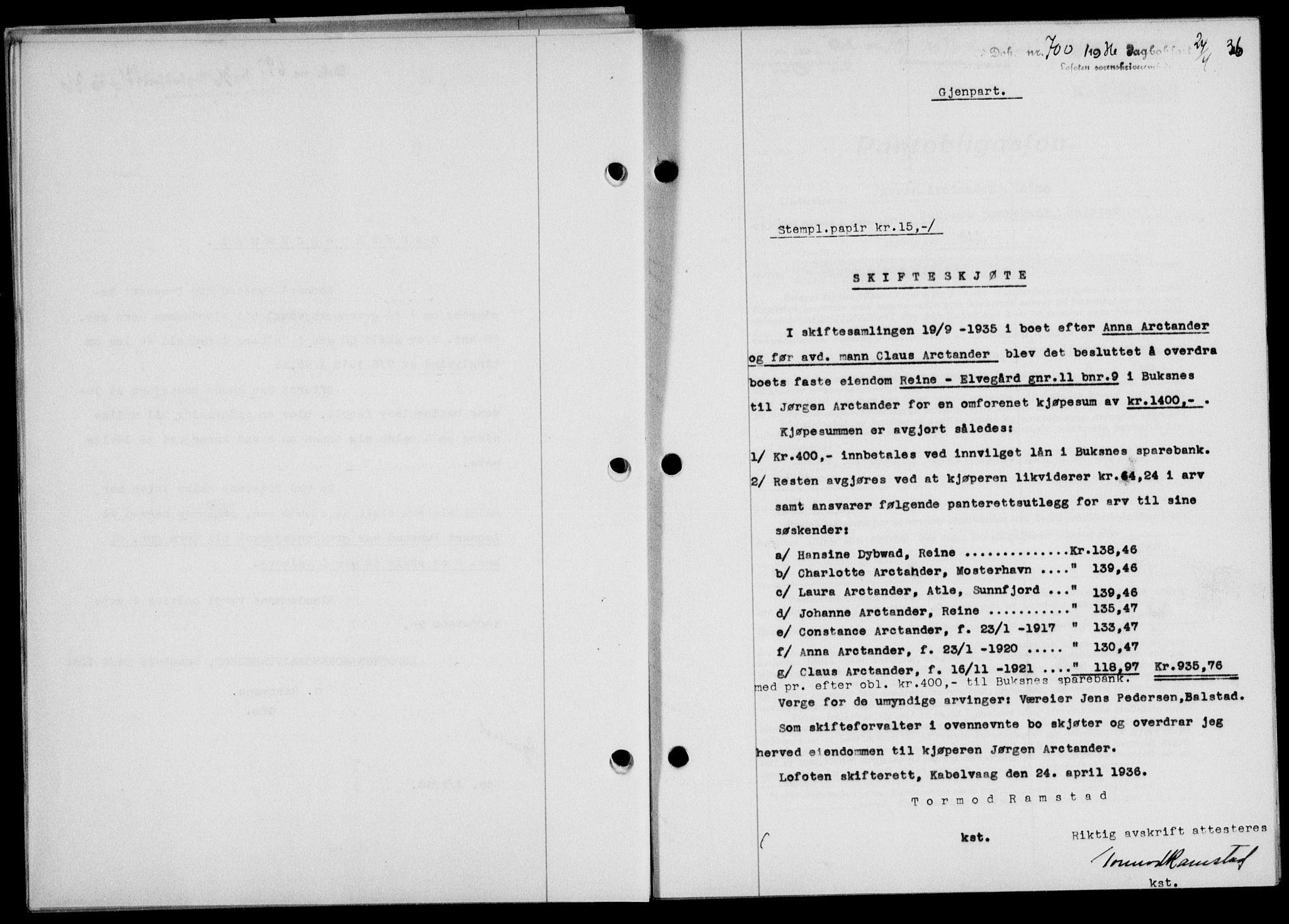 Lofoten sorenskriveri, SAT/A-0017/1/2/2C/L0033b: Mortgage book no. 33b, 1936-1936, Diary no: : 700/1936