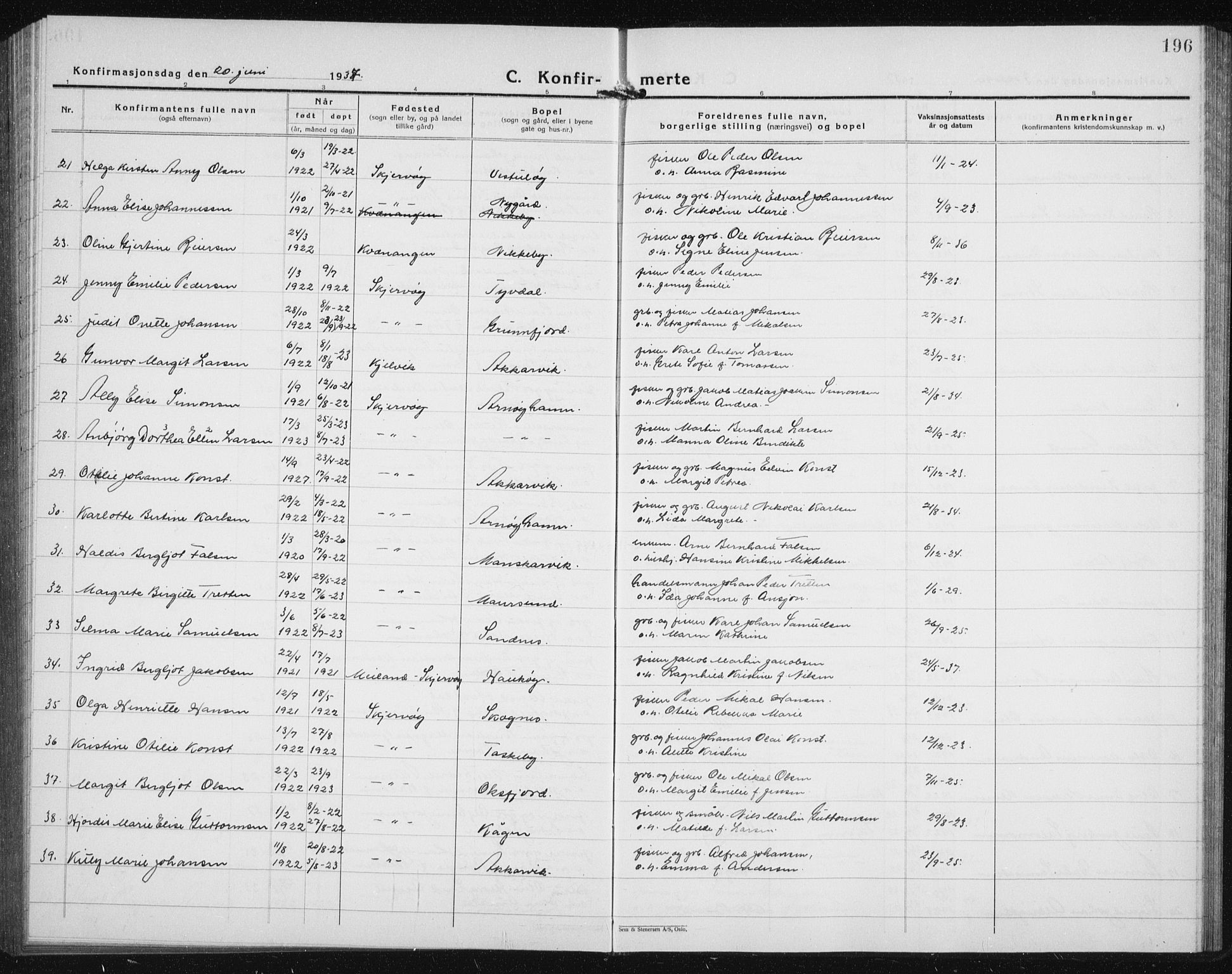 Skjervøy sokneprestkontor, AV/SATØ-S-1300/H/Ha/Hab/L0010klokker: Parish register (copy) no. 10, 1927-1941, p. 196