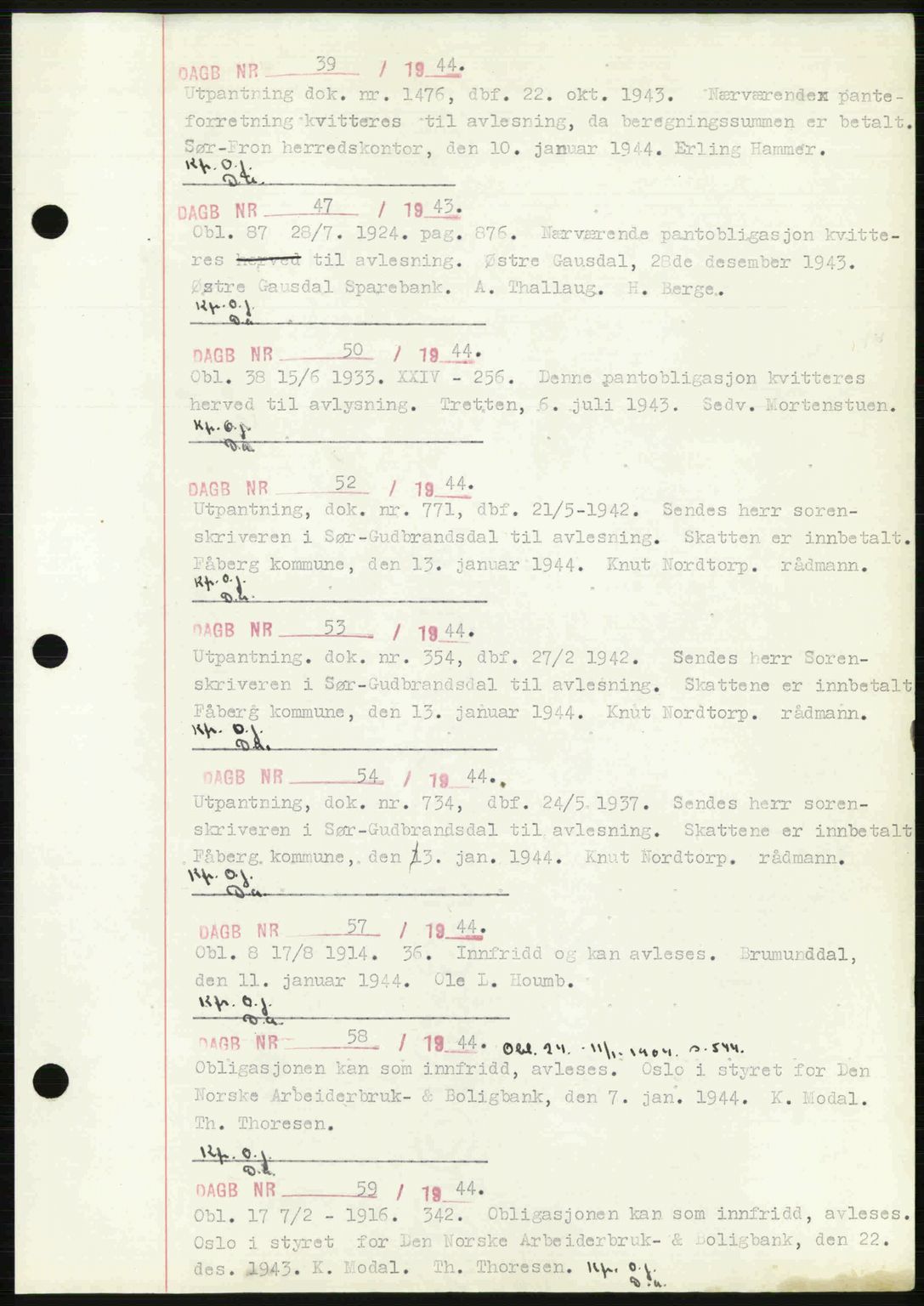 Sør-Gudbrandsdal tingrett, SAH/TING-004/H/Hb/Hbf/L0002: Mortgage book no. C1, 1938-1951, Diary no: : 39/1944