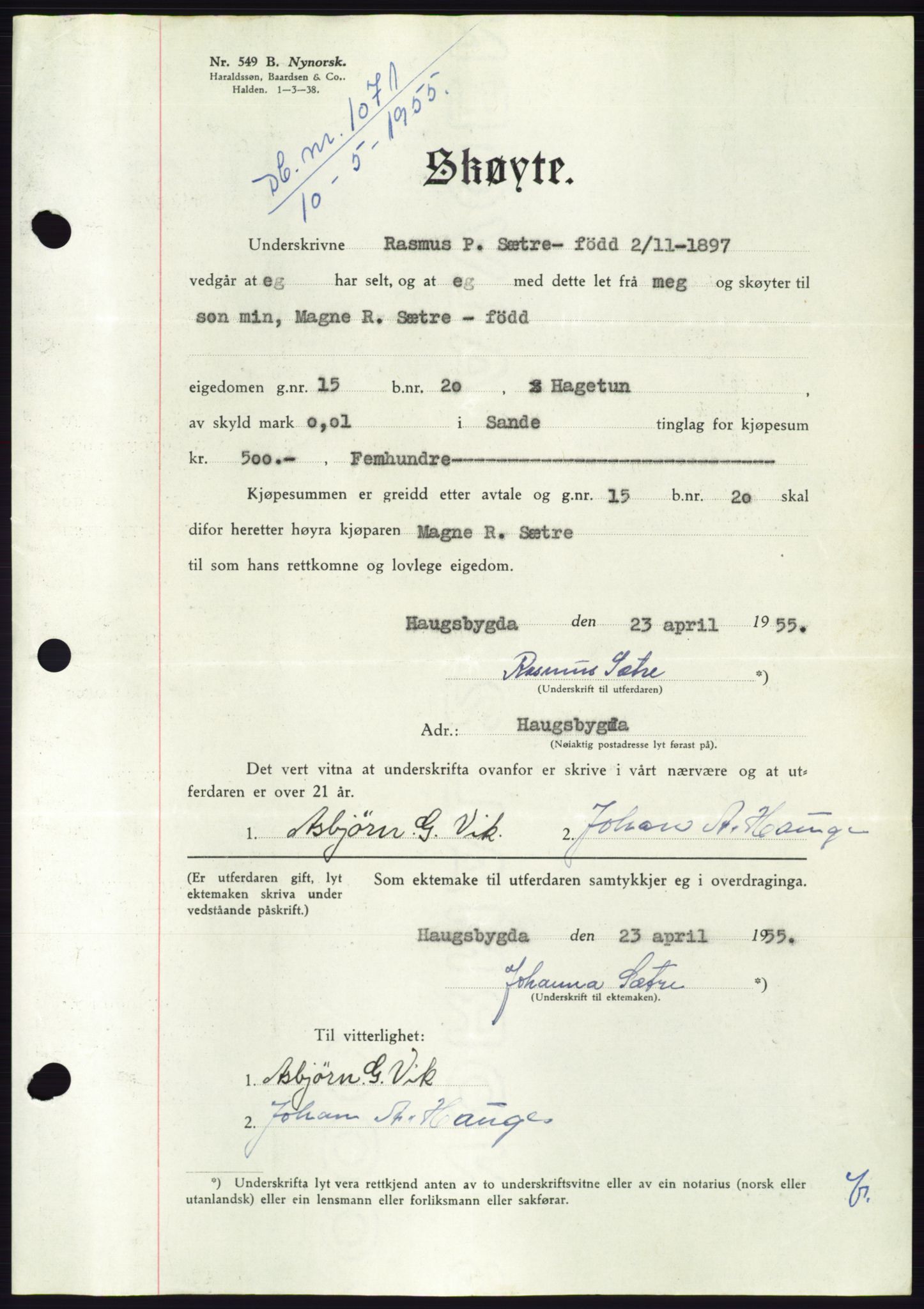 Søre Sunnmøre sorenskriveri, AV/SAT-A-4122/1/2/2C/L0100: Mortgage book no. 26A, 1954-1955, Diary no: : 1071/1955