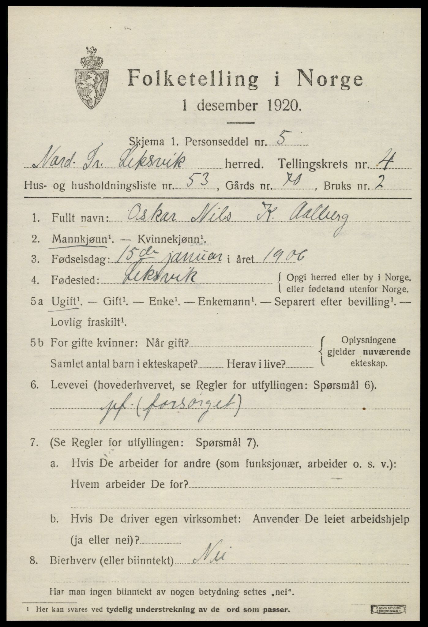 SAT, 1920 census for Leksvik, 1920, p. 4196