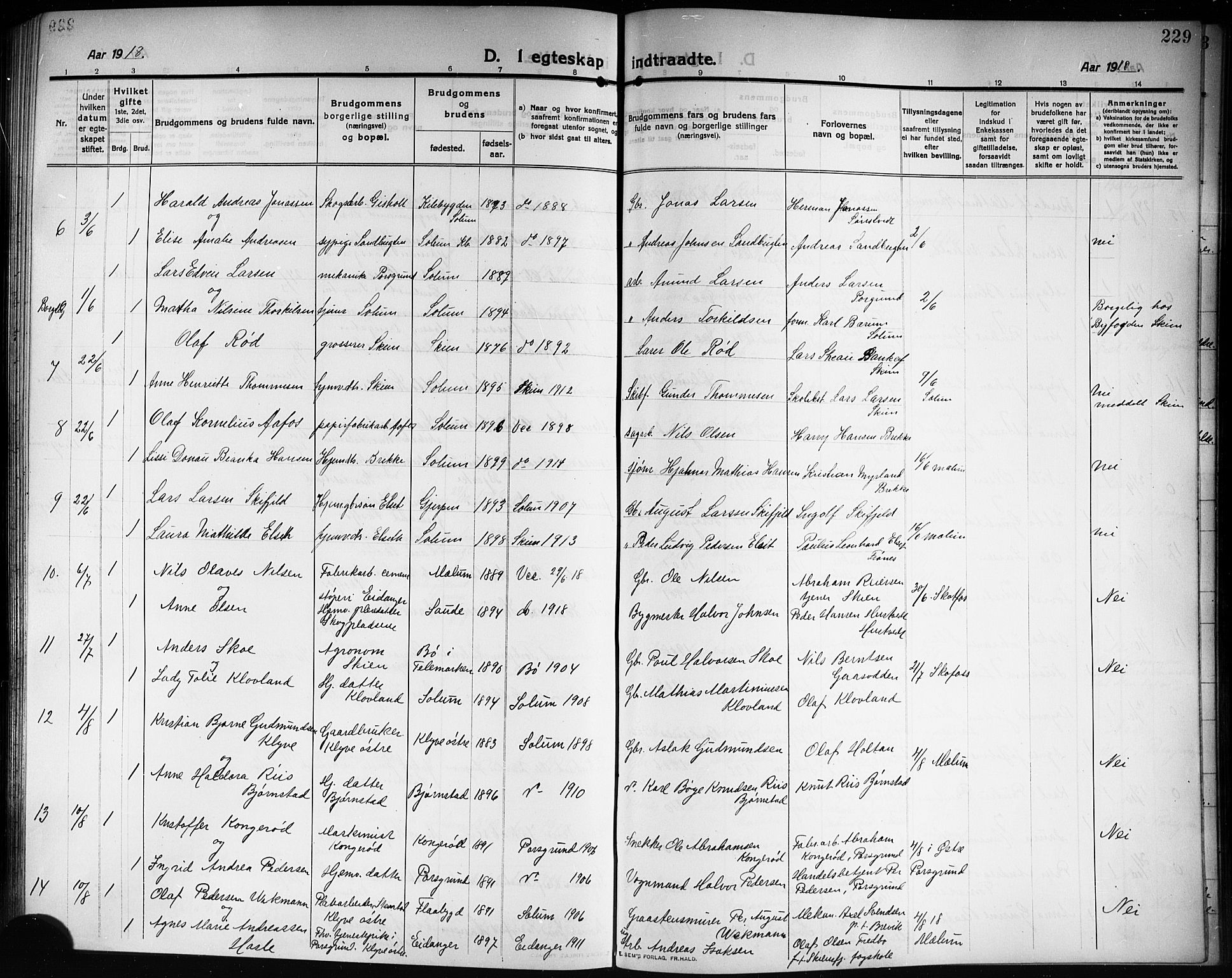 Solum kirkebøker, AV/SAKO-A-306/G/Ga/L0009: Parish register (copy) no. I 9, 1909-1922, p. 229