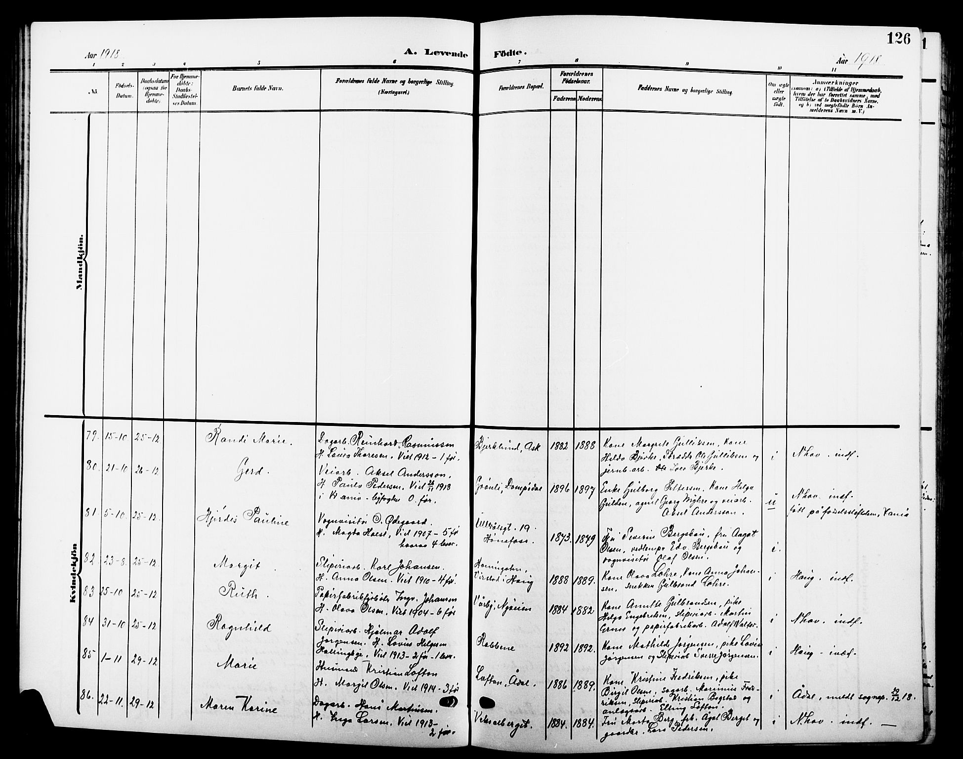 Hønefoss kirkebøker, AV/SAKO-A-609/G/Ga/L0003: Parish register (copy) no. 3, 1905-1925, p. 126