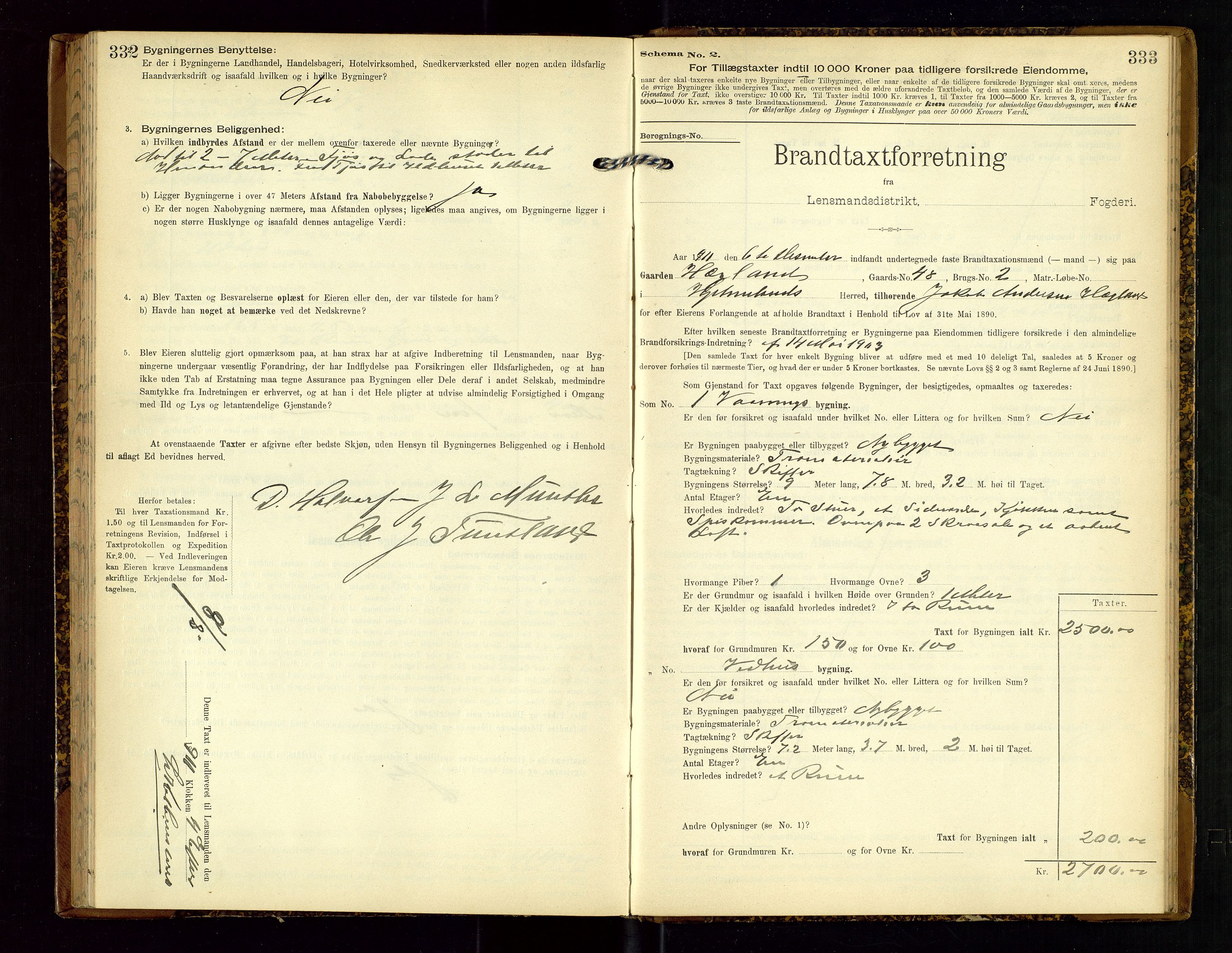 Hjelmeland lensmannskontor, AV/SAST-A-100439/Gob/L0002: "Brandtaxationsprotokol", 1904-1920, p. 332-333