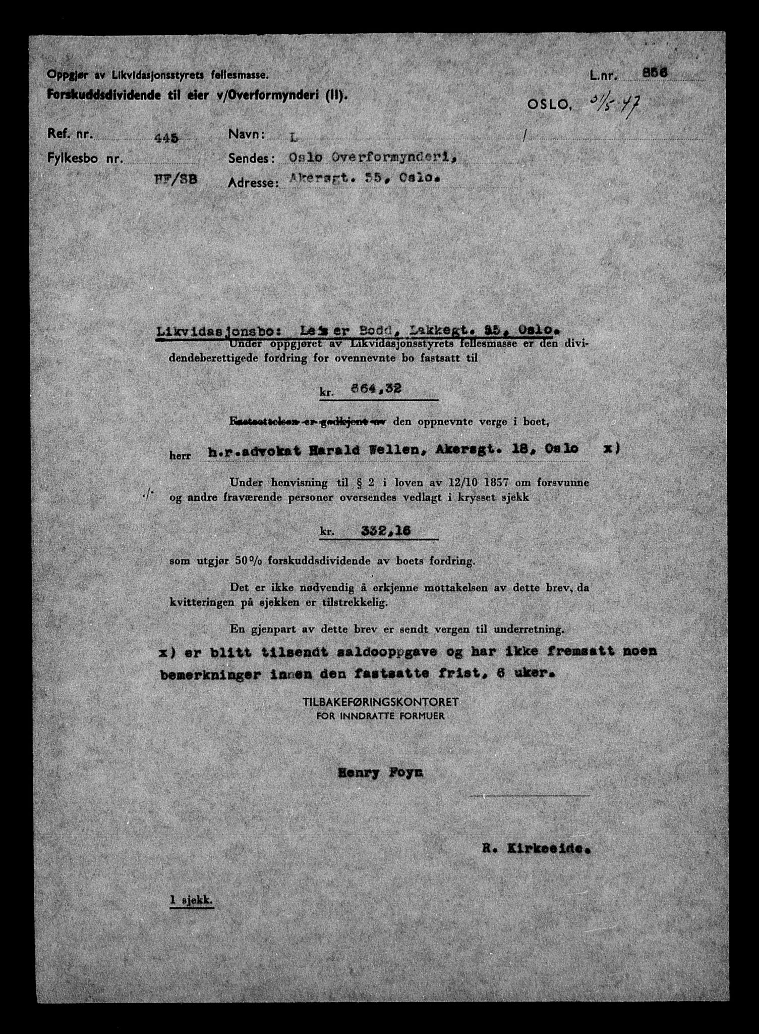 Justisdepartementet, Tilbakeføringskontoret for inndratte formuer, AV/RA-S-1564/H/Hc/Hcc/L0927: --, 1945-1947, p. 7