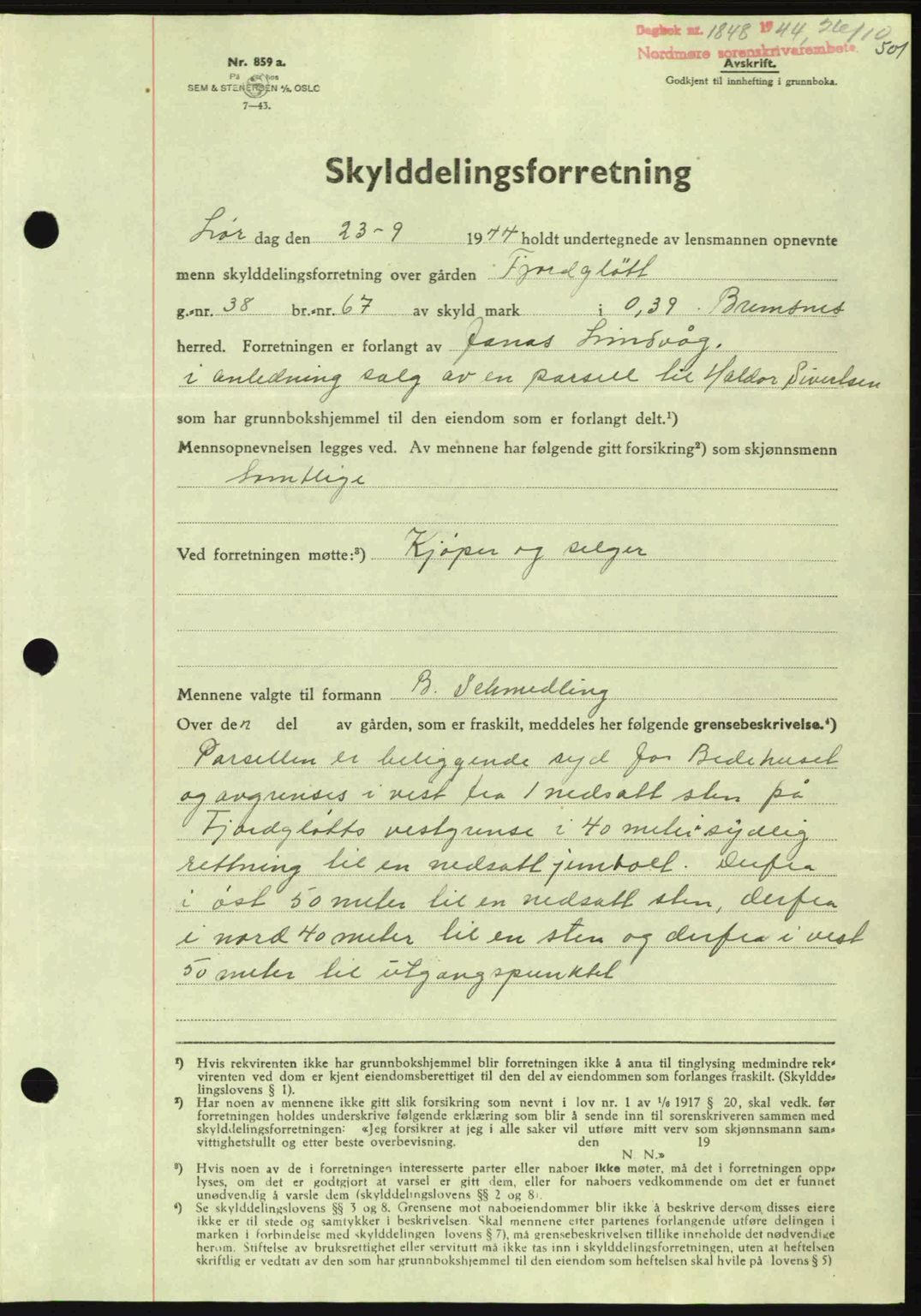 Nordmøre sorenskriveri, AV/SAT-A-4132/1/2/2Ca: Mortgage book no. A98, 1944-1944, Diary no: : 1848/1944