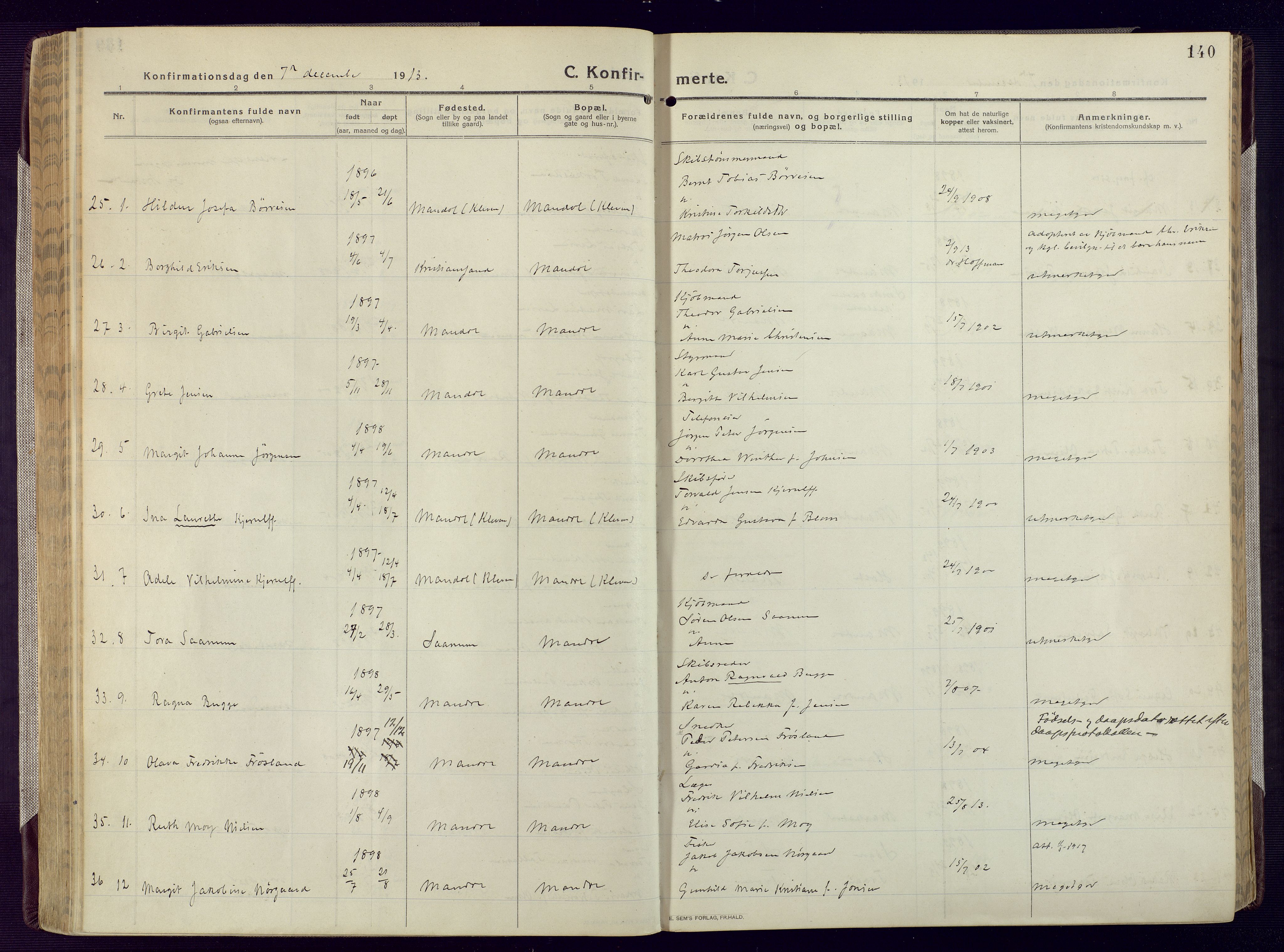 Mandal sokneprestkontor, AV/SAK-1111-0030/F/Fa/Fac/L0001: Parish register (official) no. A 1, 1913-1925, p. 140