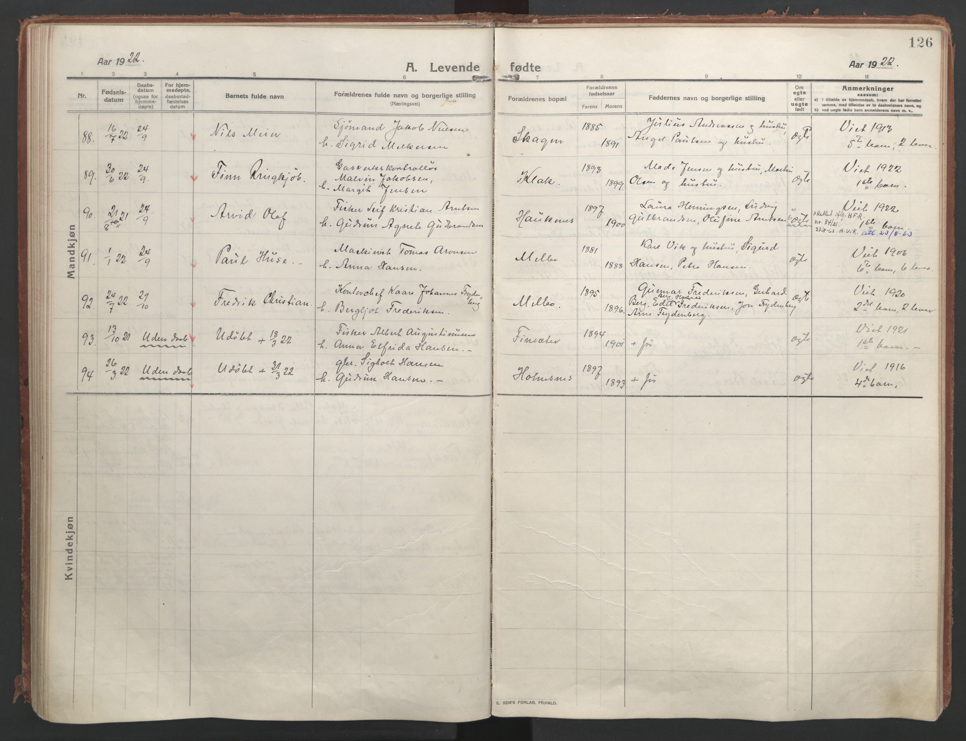 Ministerialprotokoller, klokkerbøker og fødselsregistre - Nordland, AV/SAT-A-1459/888/L1250: Parish register (official) no. 888A16, 1913-1925, p. 126