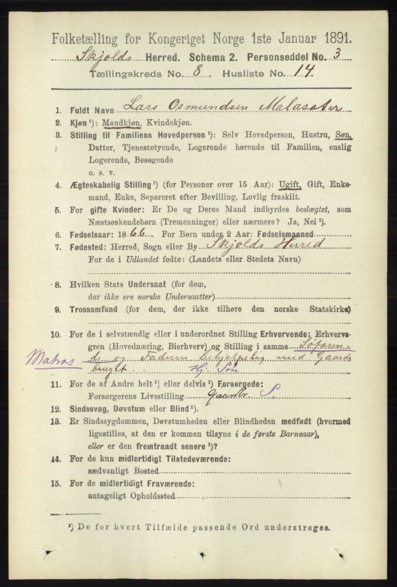 RA, 1891 census for 1154 Skjold, 1891, p. 1668