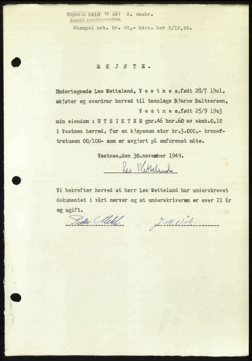 Romsdal sorenskriveri, AV/SAT-A-4149/1/2/2C: Mortgage book no. A31, 1949-1949, Diary no: : 3410/1949