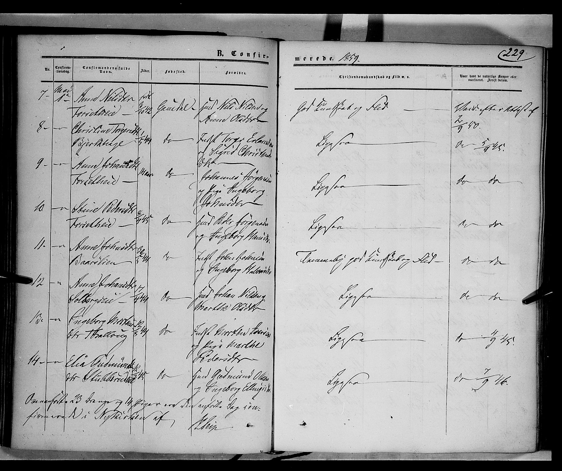 Gausdal prestekontor, SAH/PREST-090/H/Ha/Haa/L0008: Parish register (official) no. 8, 1850-1861, p. 229