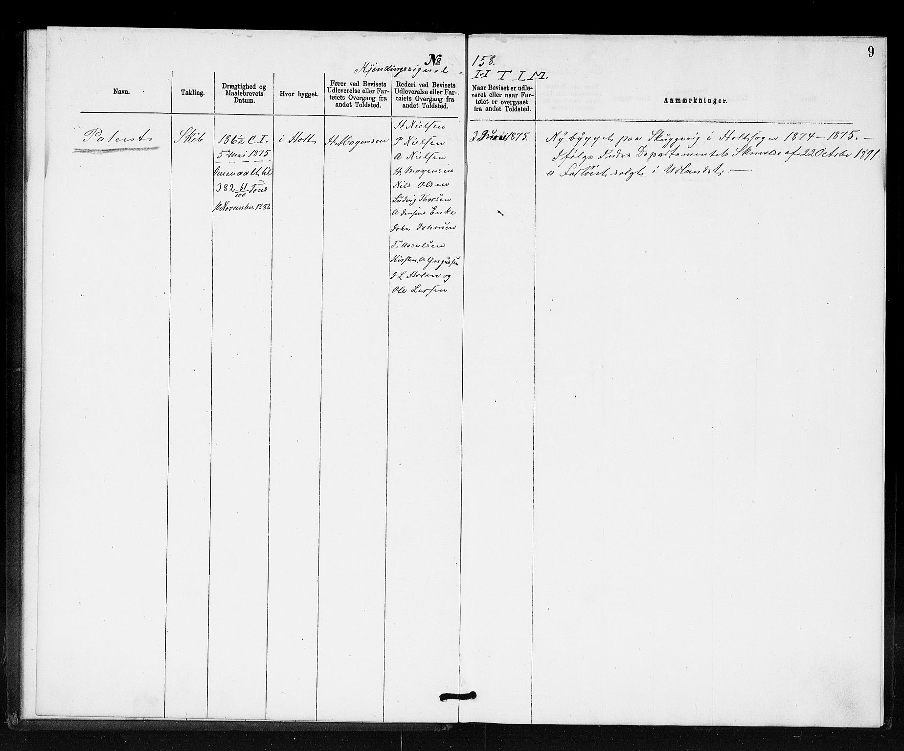 Tvedestrand tollsted, AV/SAK-1351-0011/H/Ha/L0080: Utstedte nasjonalitetsbevis, 1874-1911, p. 9