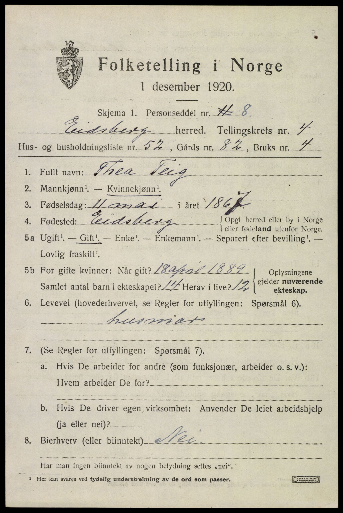 SAO, 1920 census for Eidsberg, 1920, p. 6311