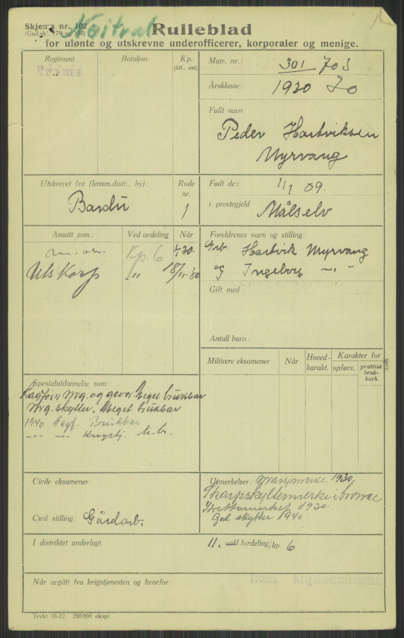 Forsvaret, Troms infanteriregiment nr. 16, AV/RA-RAFA-3146/P/Pa/L0014: Rulleblad for regimentets menige mannskaper, årsklasse 1930, 1930, p. 667