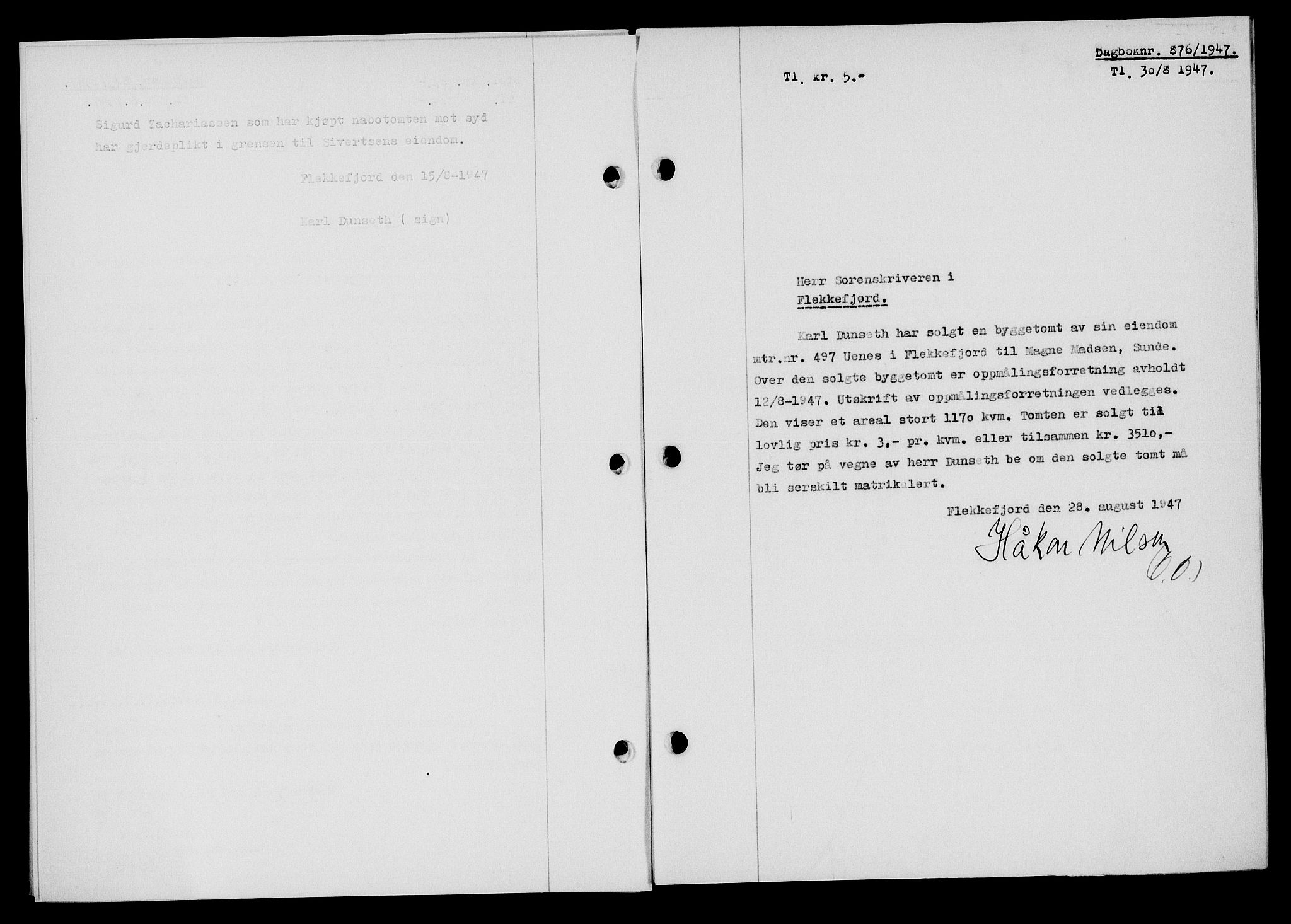 Flekkefjord sorenskriveri, SAK/1221-0001/G/Gb/Gba/L0062: Mortgage book no. A-10, 1947-1947, Diary no: : 876/1947