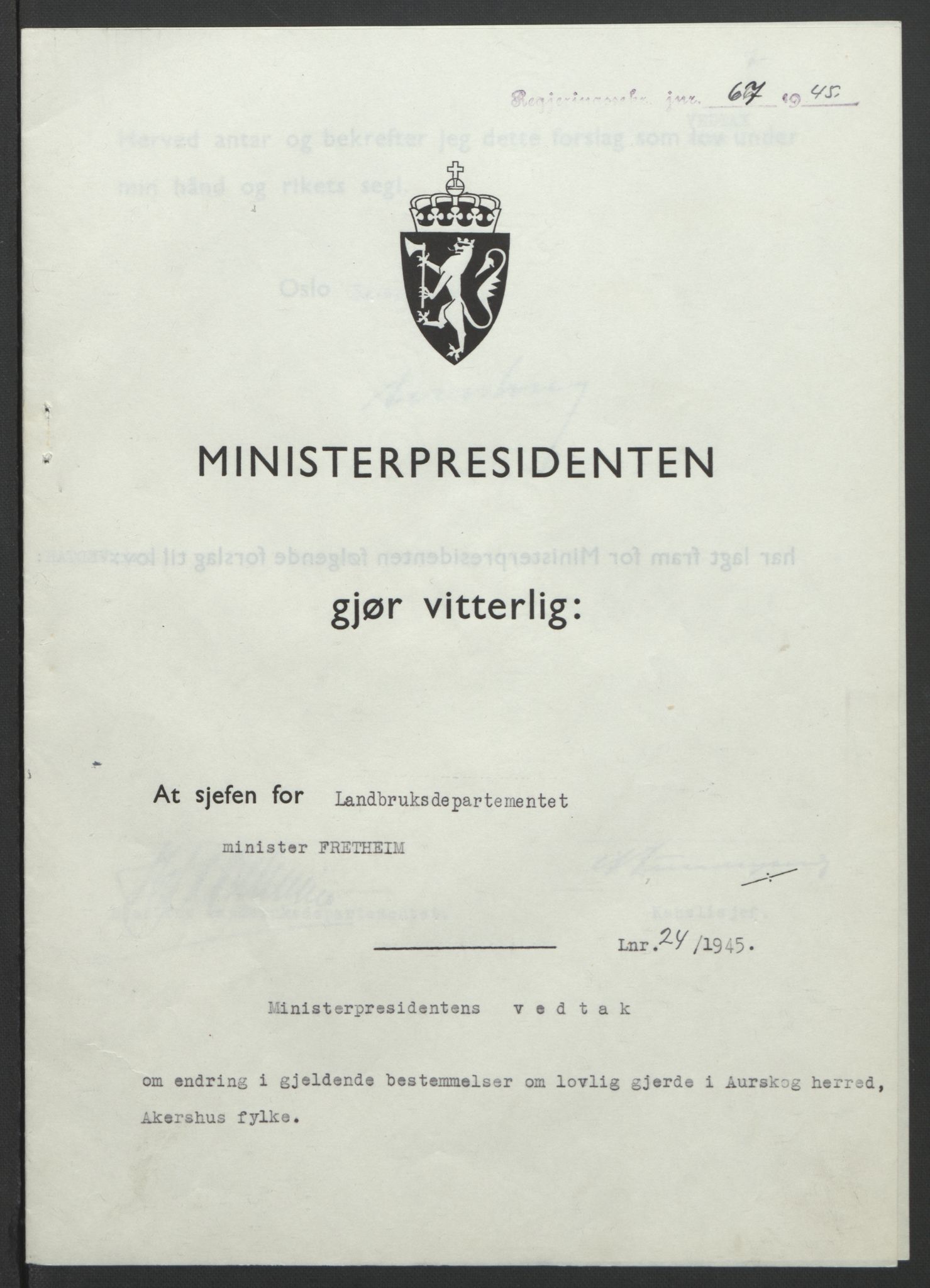 NS-administrasjonen 1940-1945 (Statsrådsekretariatet, de kommisariske statsråder mm), RA/S-4279/D/Db/L0101/0001: -- / Lover og vedtak, 1945, p. 237