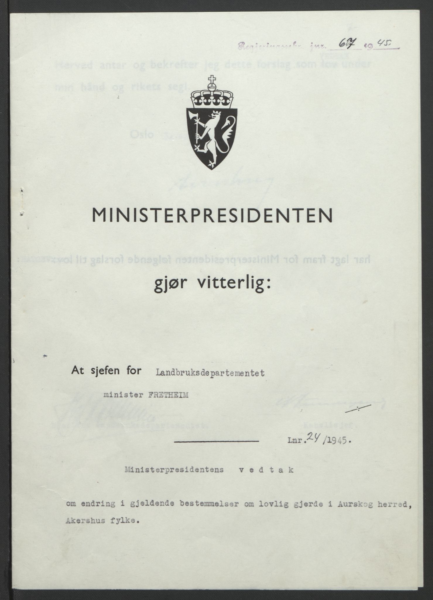 NS-administrasjonen 1940-1945 (Statsrådsekretariatet, de kommisariske statsråder mm), AV/RA-S-4279/D/Db/L0101/0001: -- / Lover og vedtak, 1945, p. 237