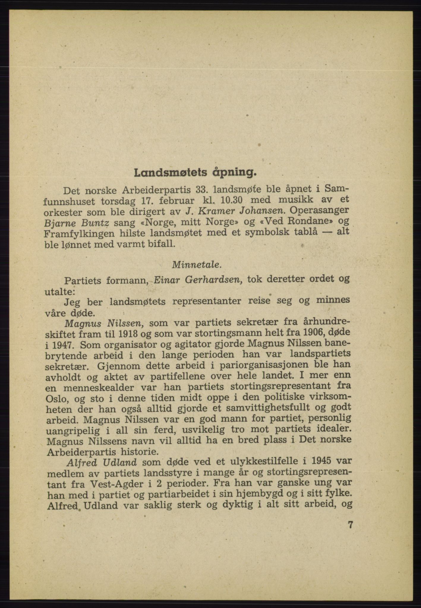 Det norske Arbeiderparti - publikasjoner, AAB/-/-/-: Protokoll over forhandlingene på det 33. ordinære landsmøte 17.-20. februar 1949 i Oslo, 1949, p. 7