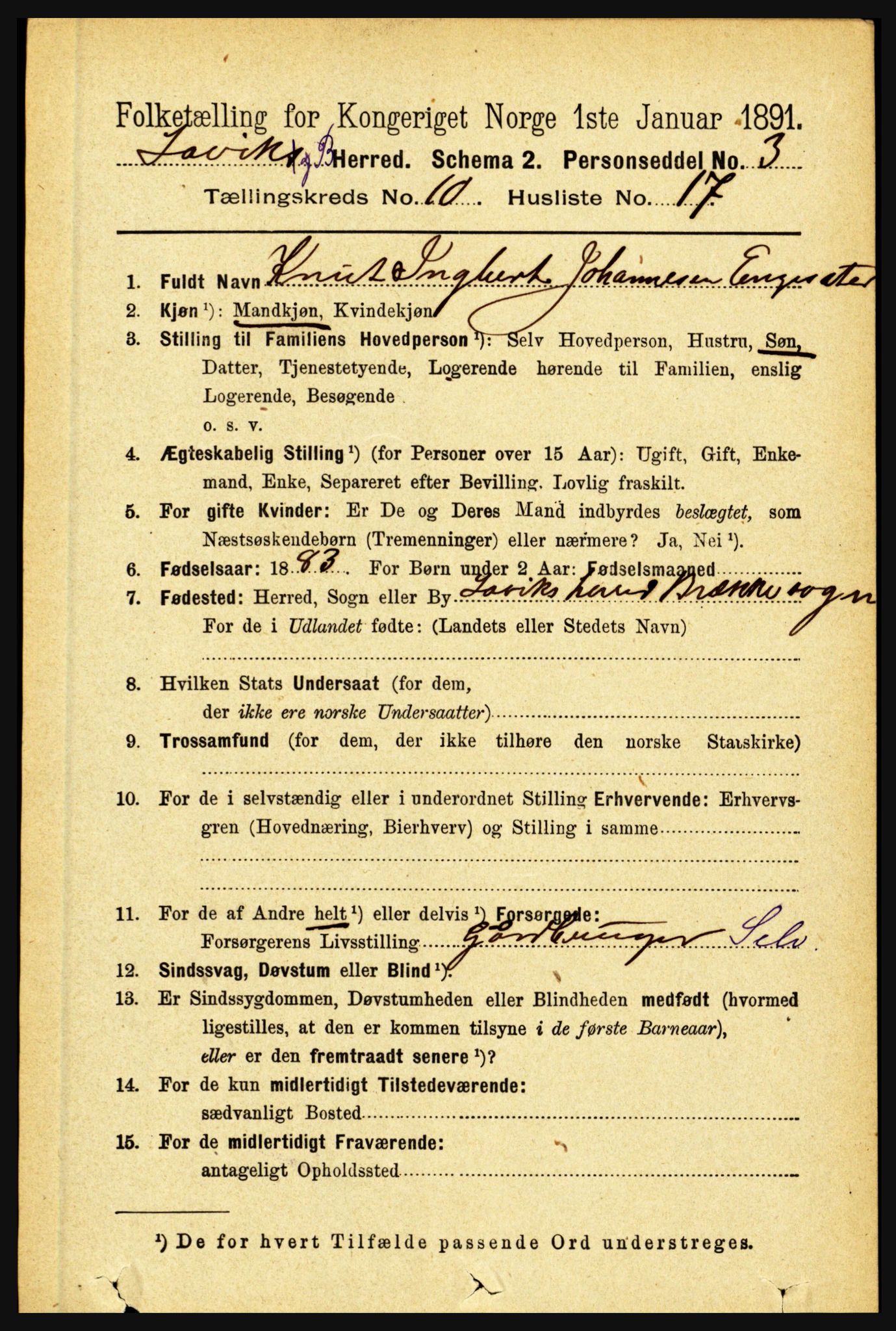 RA, 1891 census for 1415 Lavik og Brekke, 1891, p. 2100