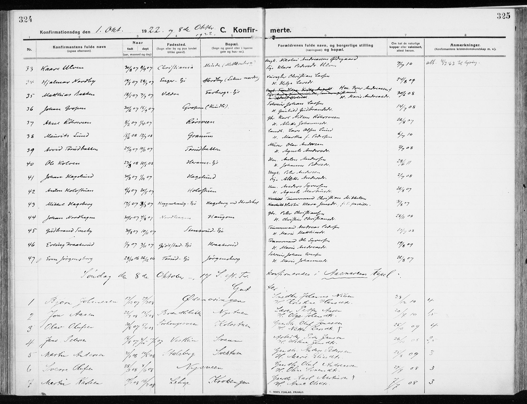 Ringsaker prestekontor, AV/SAH-PREST-014/K/Ka/L0020: Parish register (official) no. 20, 1913-1922, p. 324-325